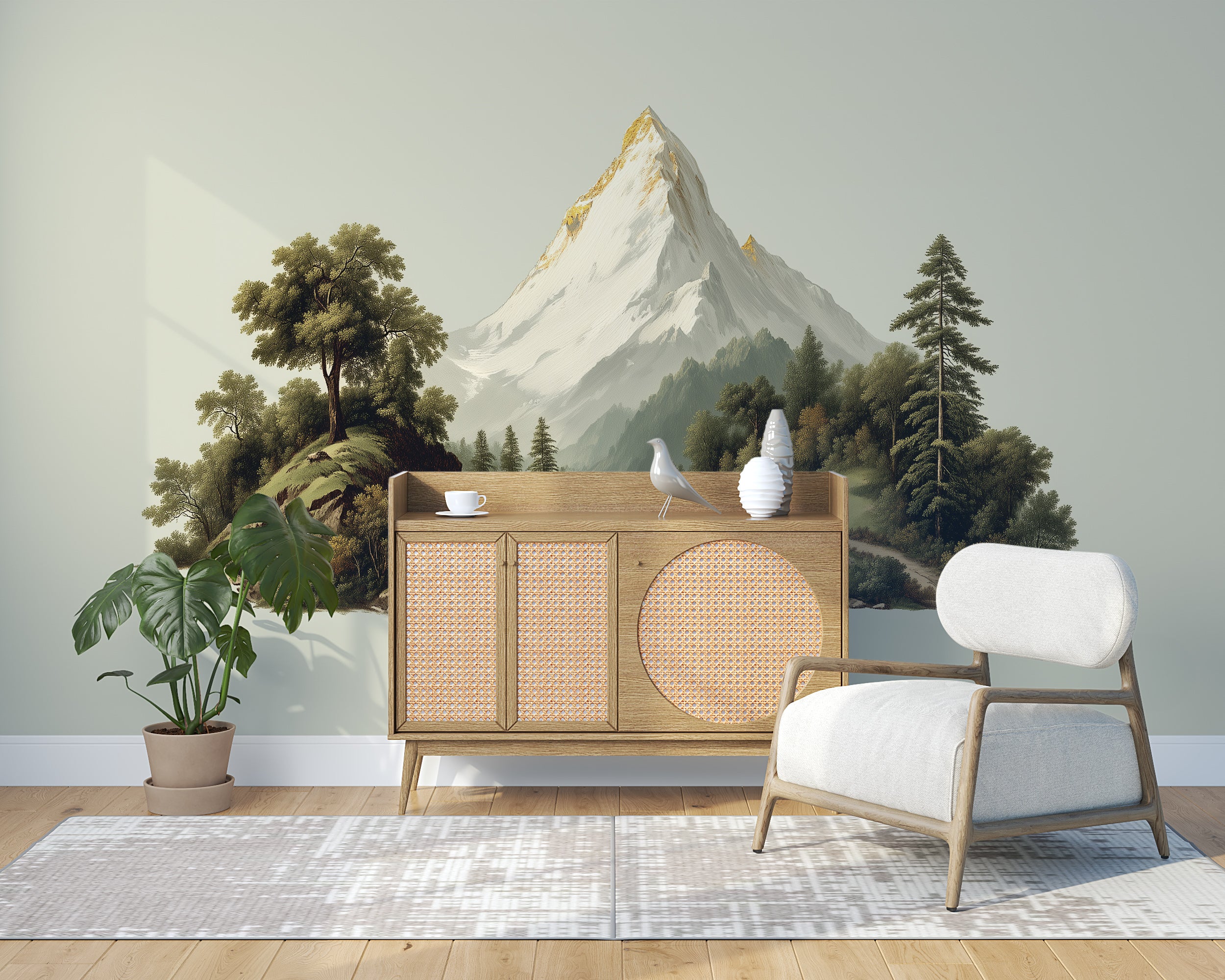 Mountain Forest and Waterfall Wall Mural in Soft Green Landscape Peel and Stick Nature Wallpaper