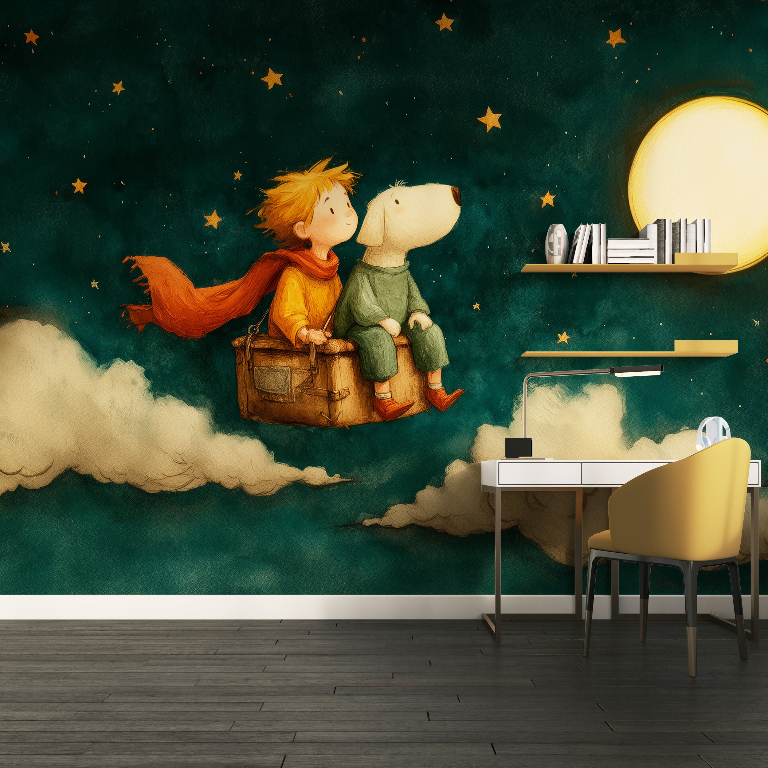 Dreamy Starry Night Wall Mural with Cartoon Moon Clouds and Stars Nursery Peel and Stick Wallpaper