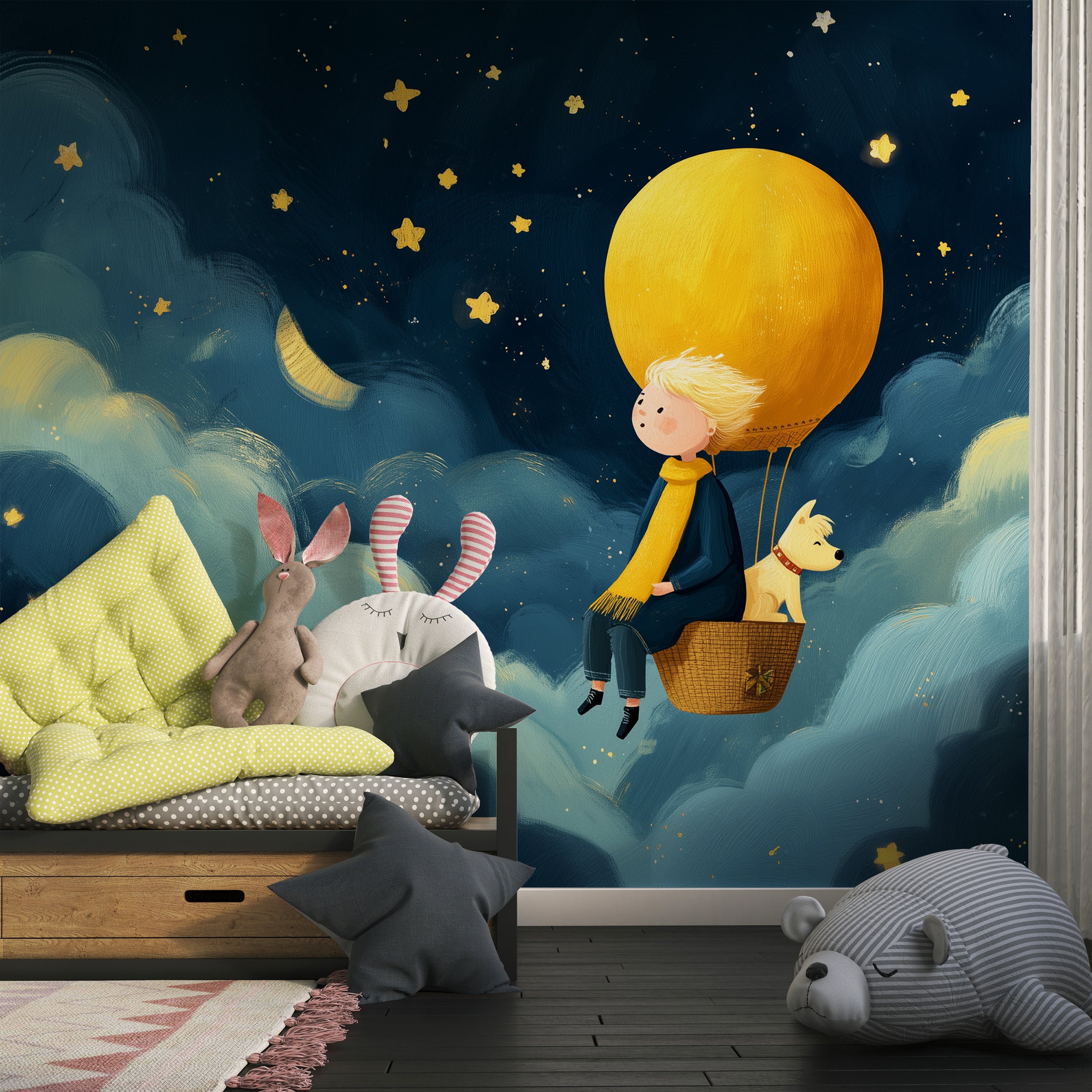 Hot air balloon nursery mural

Boy and dog in sky wallpaper