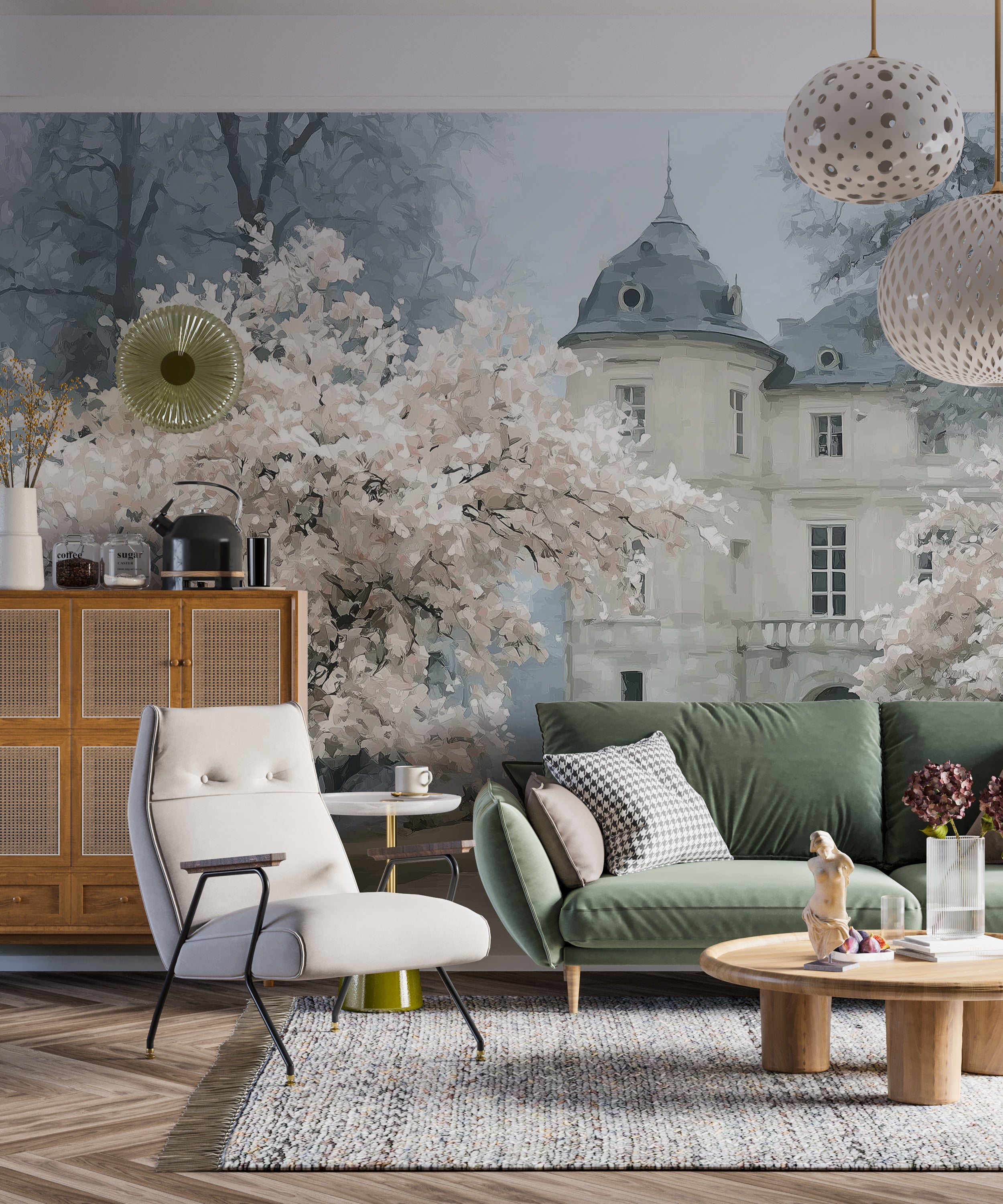White Castle and Cherry Tree Oil Painting Wall Mural in Vintage Style Peel and Stick Wallpaper