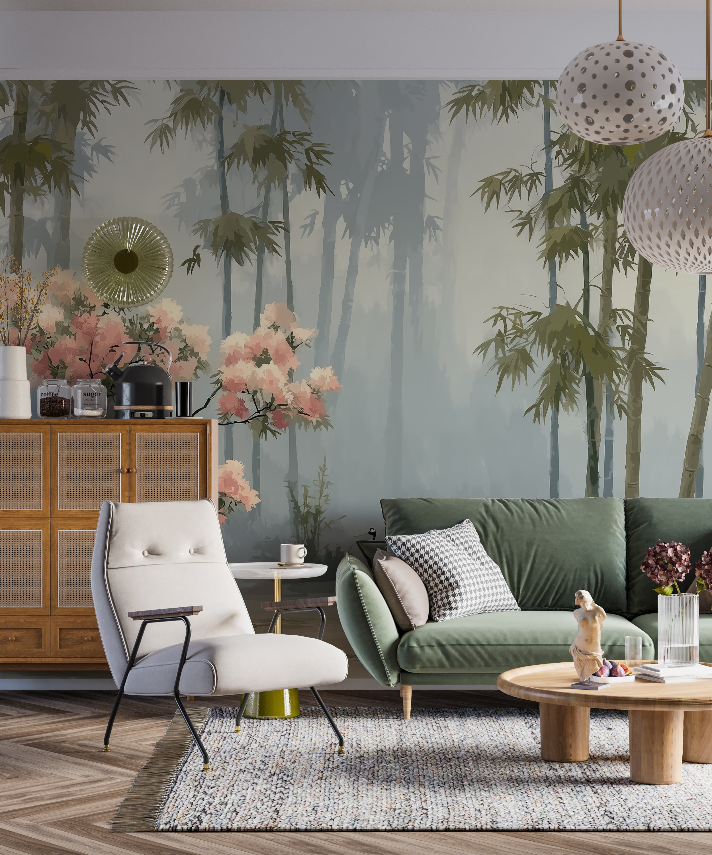 Green bamboo and pink blossom mural

Tranquil bird forest mural design