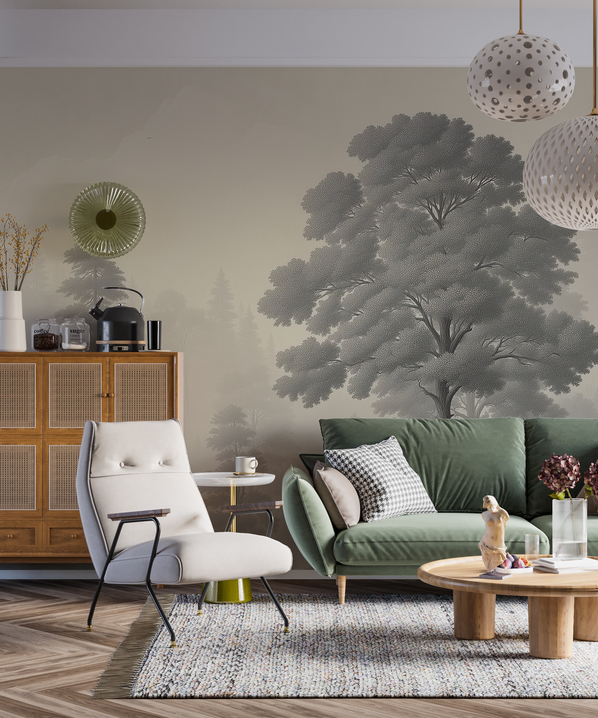 Grey Monochrome Forest Wall Mural with Washed Out Pine Trees in Non-Woven Peel and Stick Wallpaper
