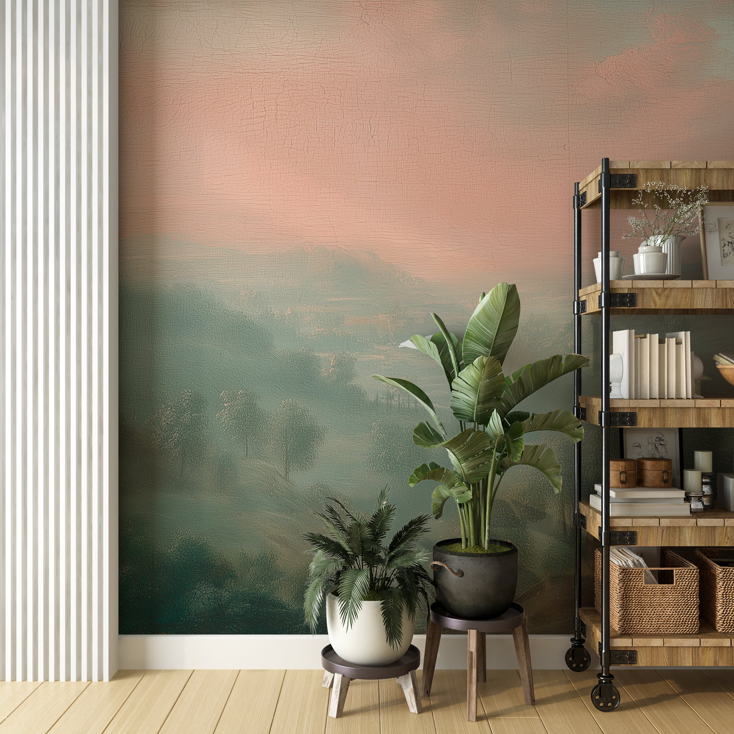 Castle on the Hill Oil Painting Wall Mural with Warm Sunset Landscape and Vintage Scenic Peel and Stick Wallpaper