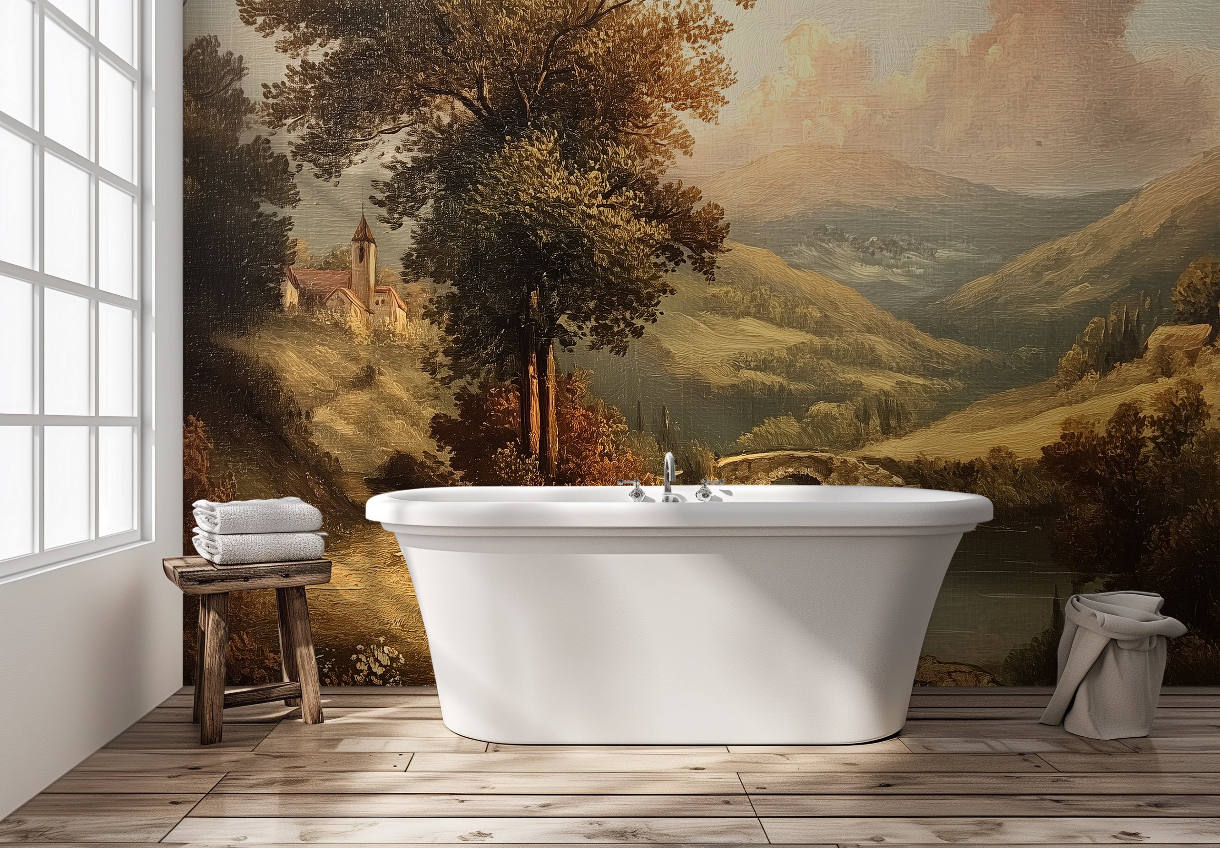 Old Oil Painting Landscape Mural with Castle and Bridge in Vintage Scenic Peel and Stick Wallpaper