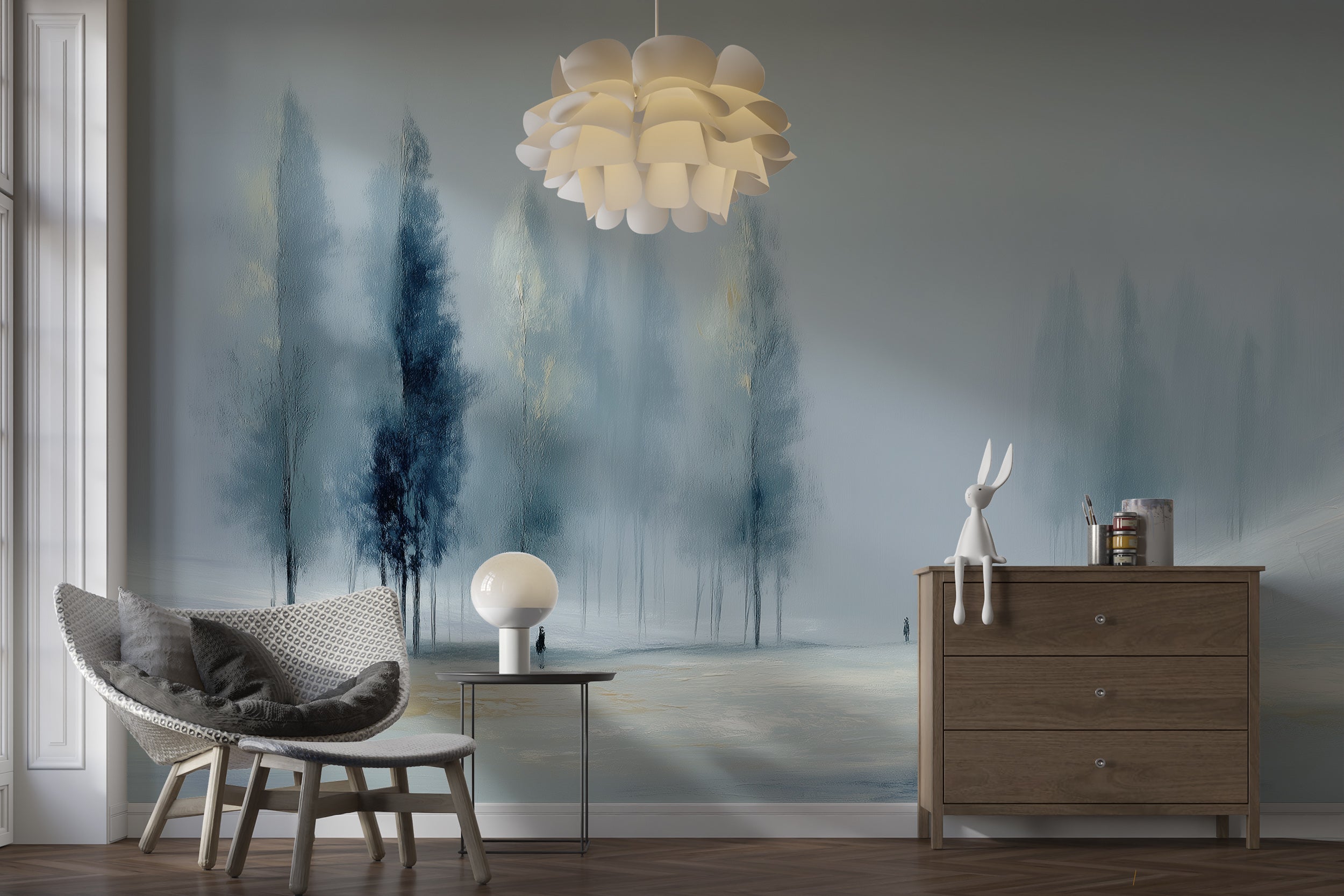 Dusty Blue Trees Scenic Wall Mural in Minimalist Forest Landscape Peel and Stick Wallpaper