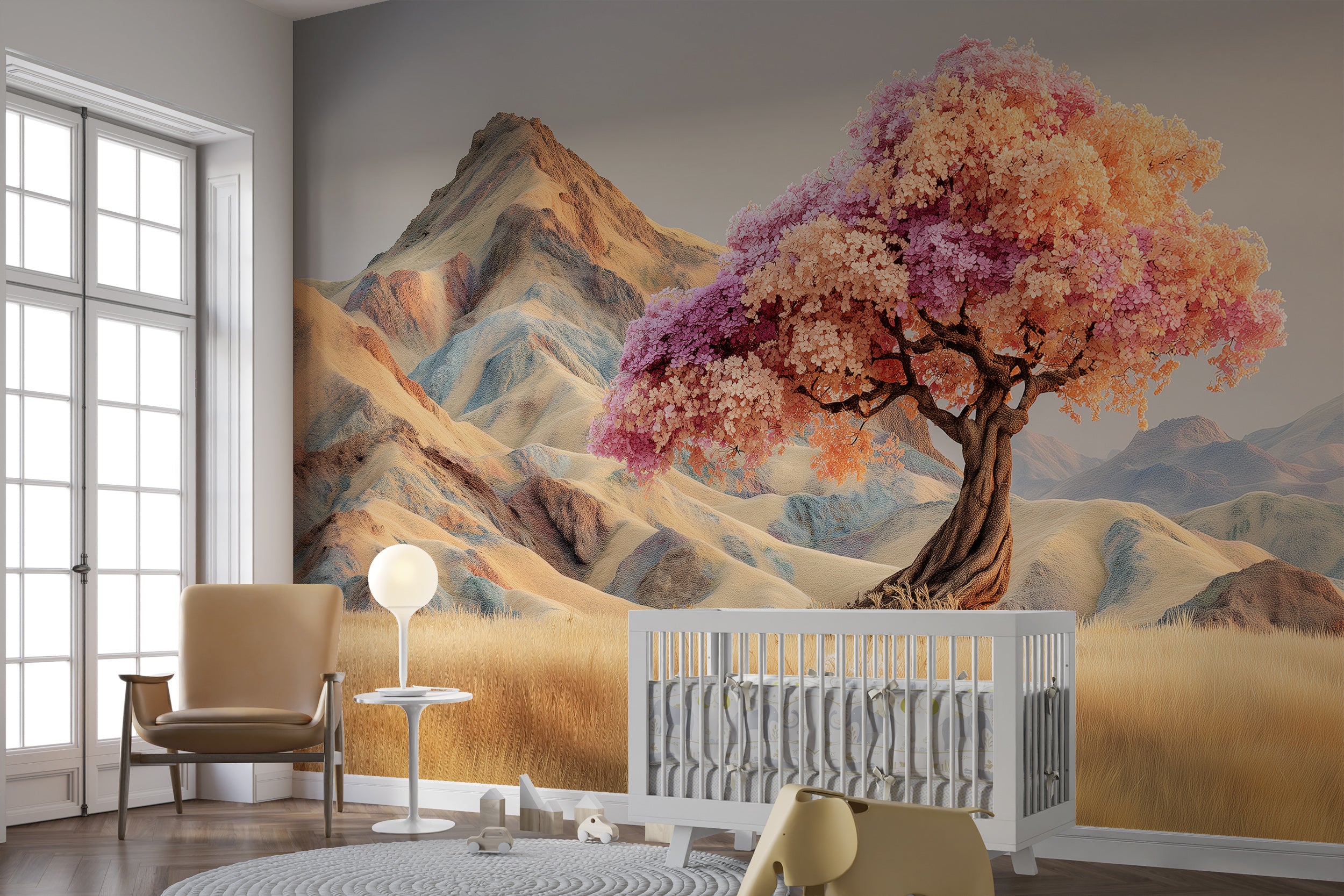 Colorful Blossom Tree and Mountain Mural in Desert Oasis Style Peel and Stick Accent Wallpaper
