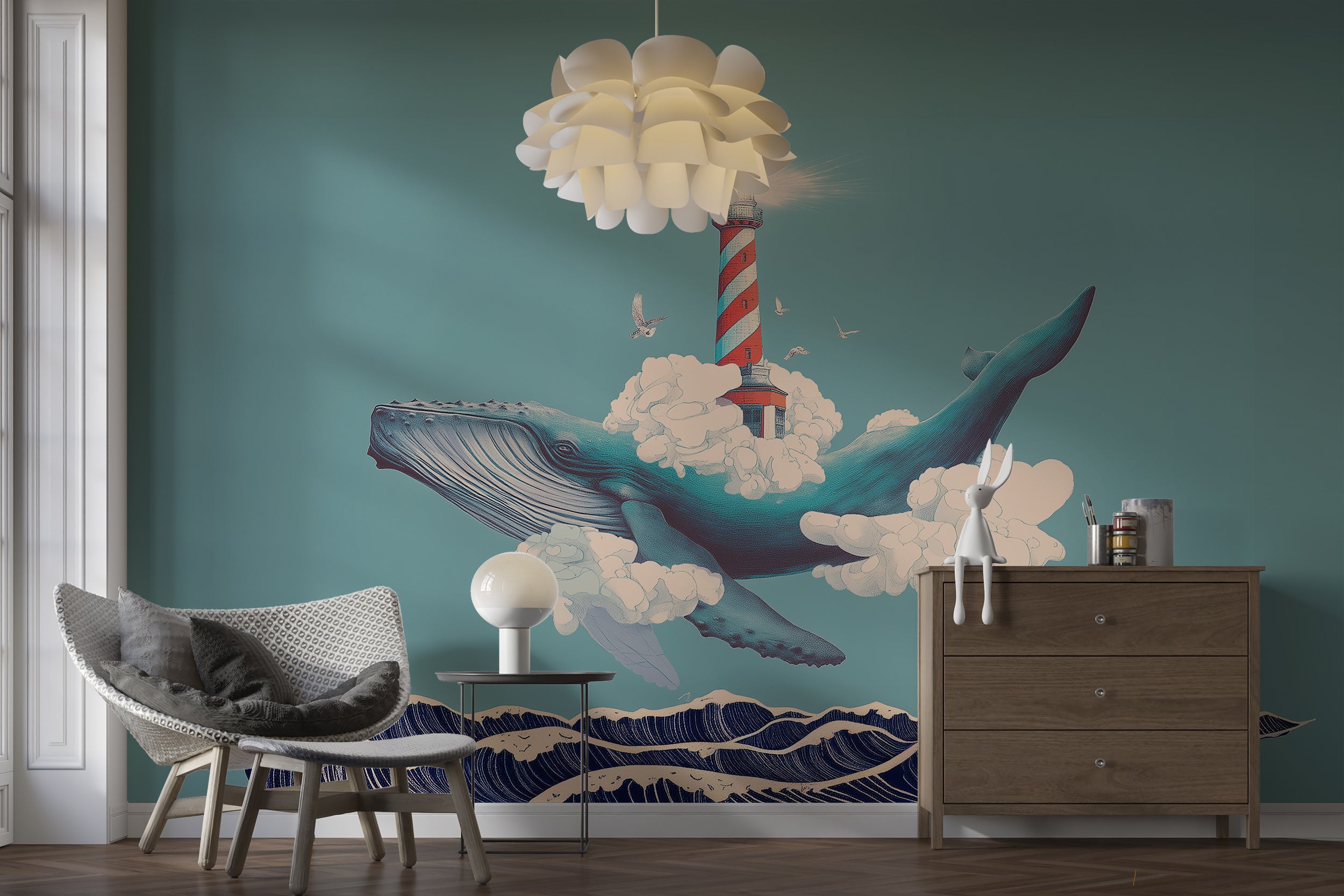 Whale Holding a Lighthouse Abstract Wall Mural in Blue Ocean Nursery Illustration Peel and Stick Wallpaper