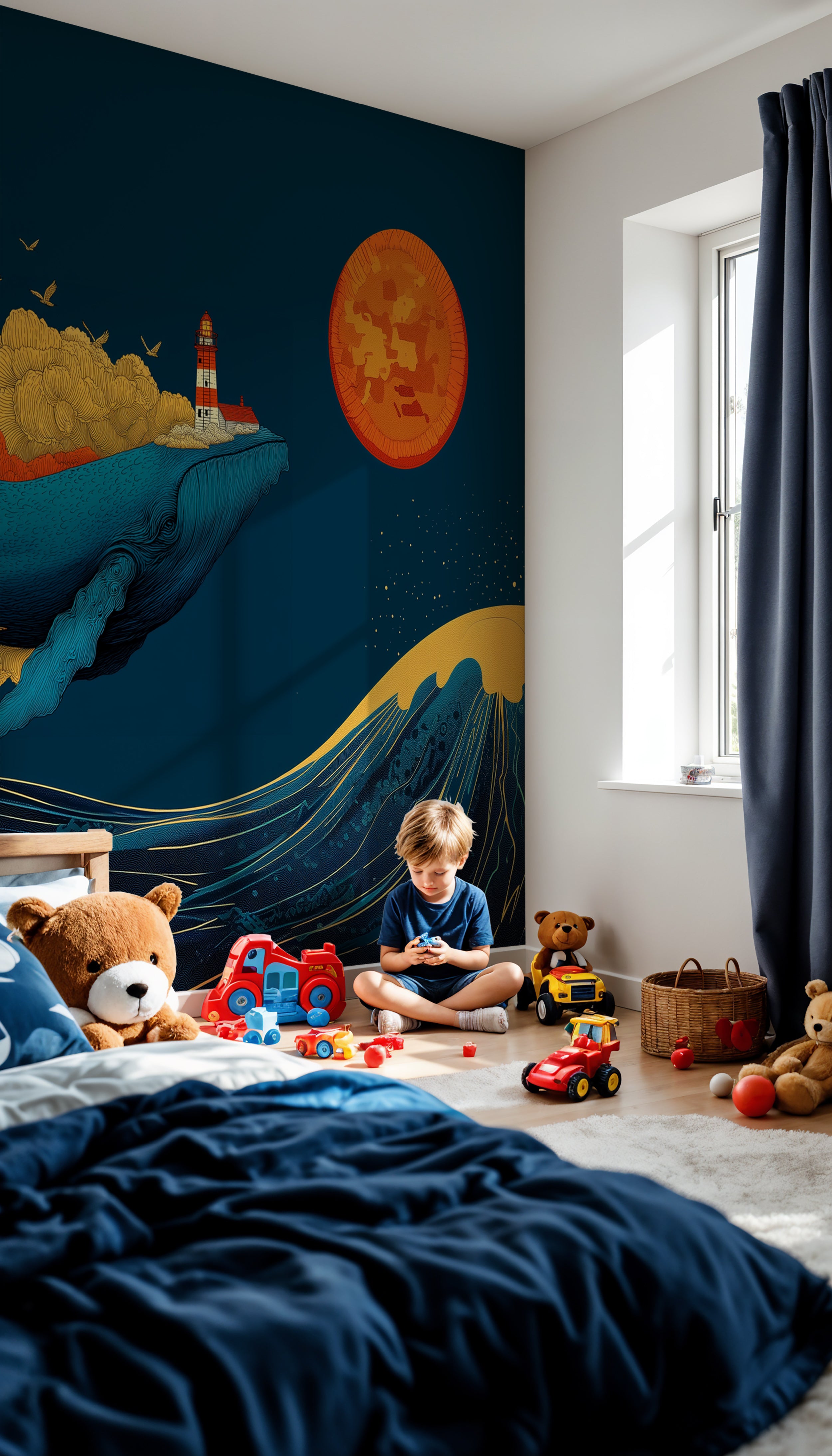 Dark Abstract Whale Wall Mural in Mid-Century Ocean Blue and Orange Colorful Peel and Stick Wallpaper
