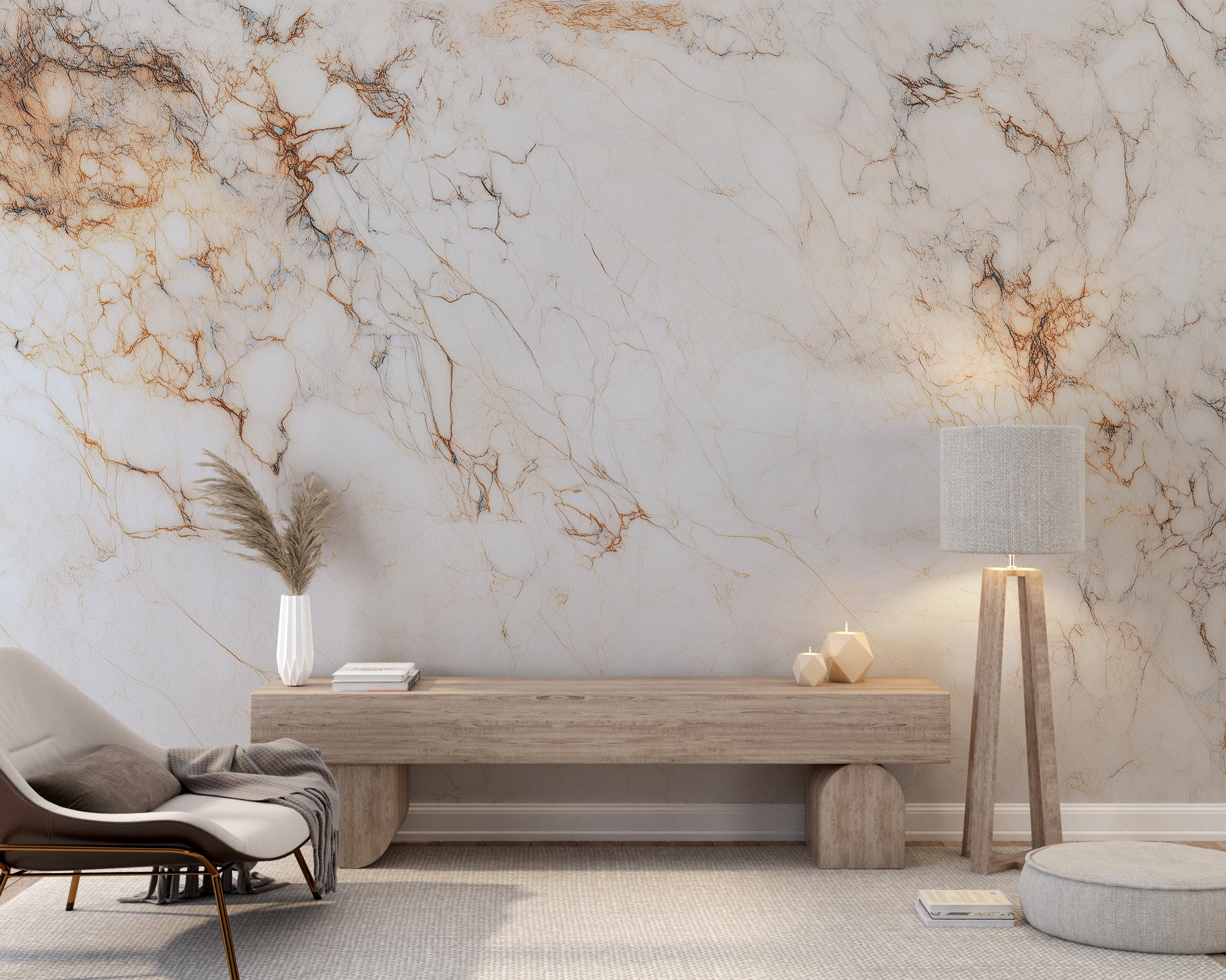 White and Beige Marble Wall Mural with Light Stone Texture and Brown Veins Luxury Peel and Stick Wallpaper