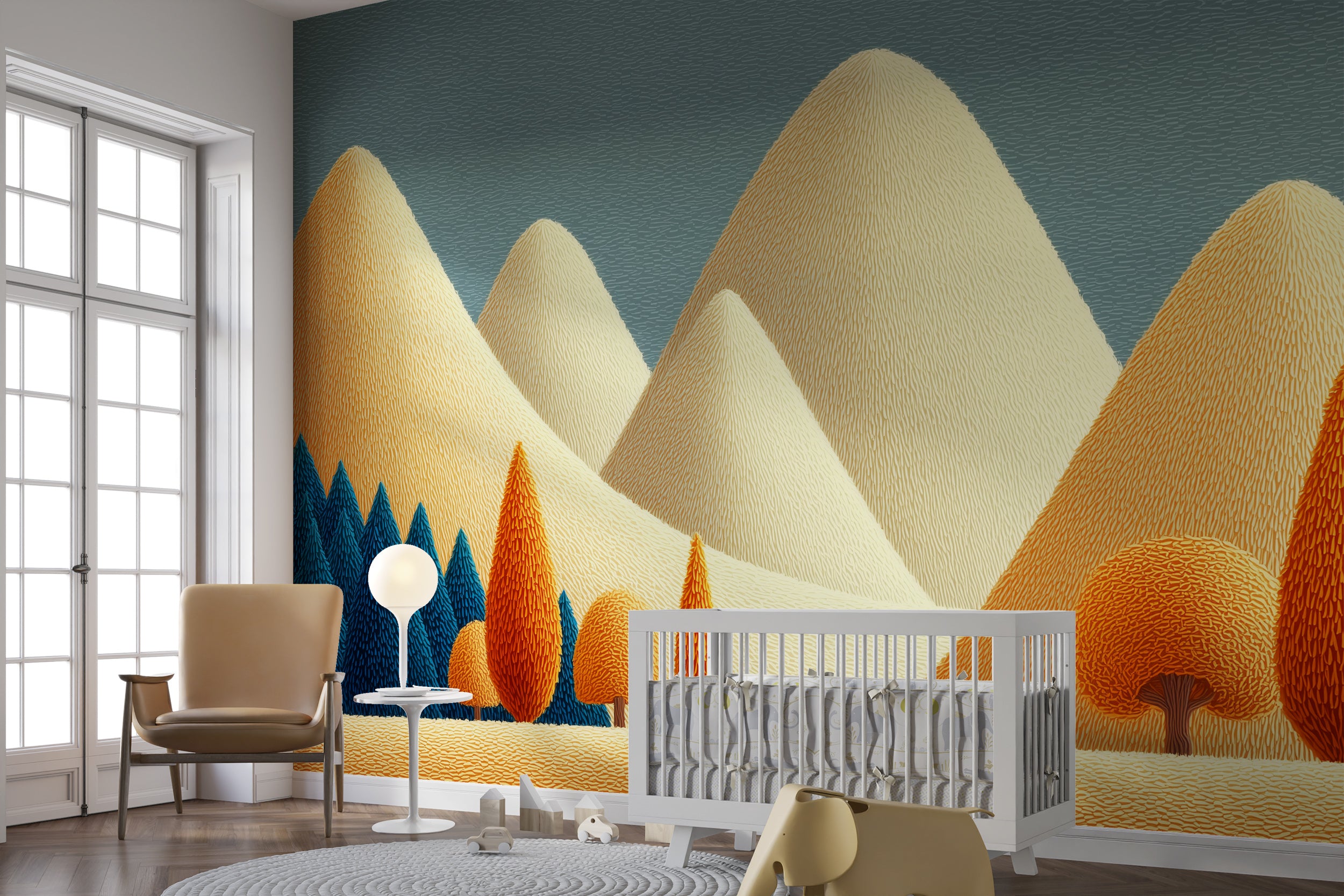 Abstract Mountains and Trees Wall Mural in Beige and Blue Landscape Illustration for Kids Room Peel and Stick Wallpaper