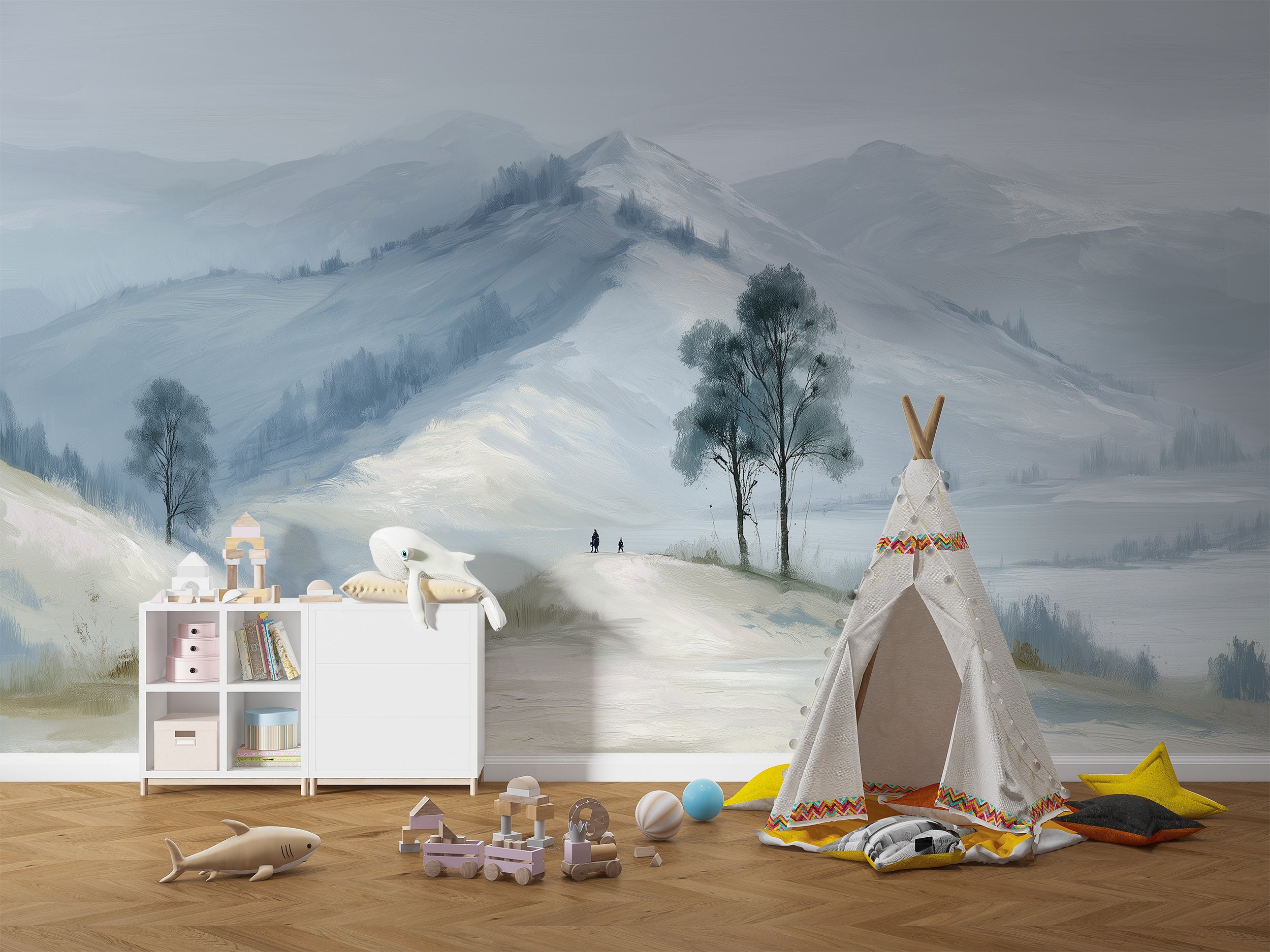 Soft Blue Delicate Mountain Landscape Mural in Removable Watercolor Style Peel and Stick Scenic Wallpaper