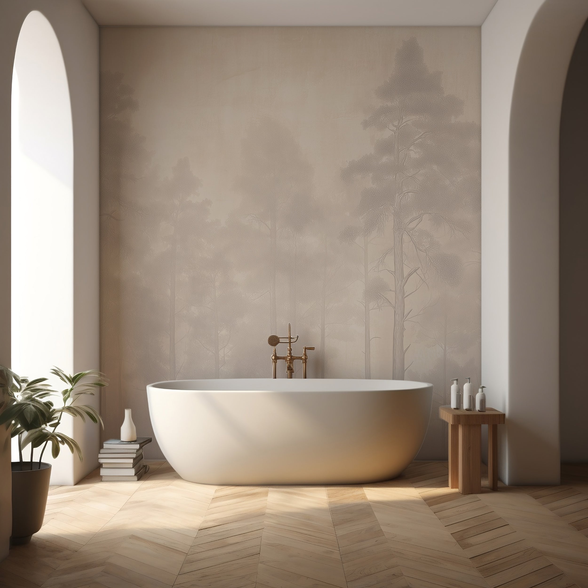 Soft Beige Washed Out Forest Wall Mural with Muted Tree Landscape Peel and Stick Neutral Wallpaper