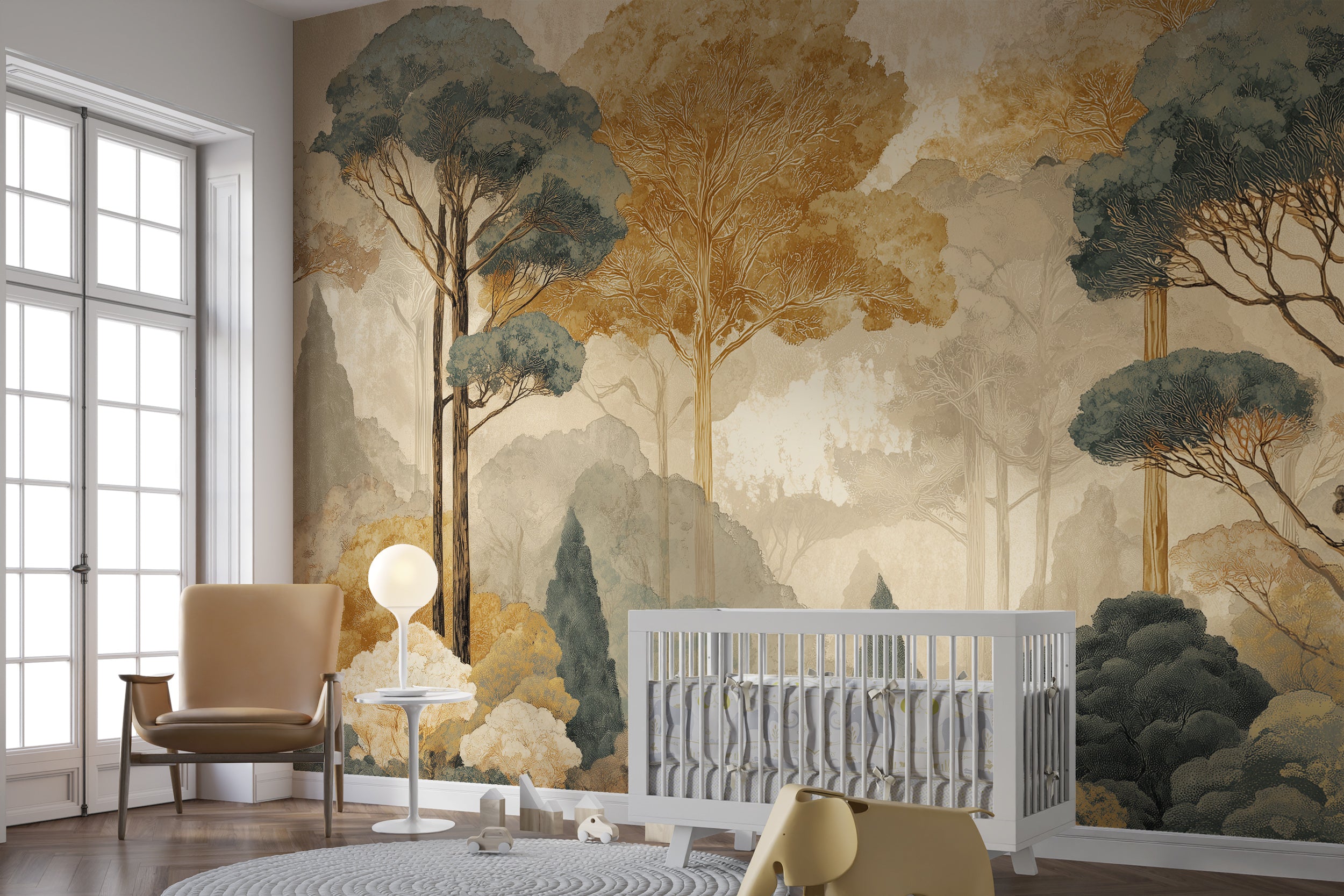 Green and Gold Trees Wall Mural in Vintage Forest Scene Peel and Stick Detailed Nature Wallpaper