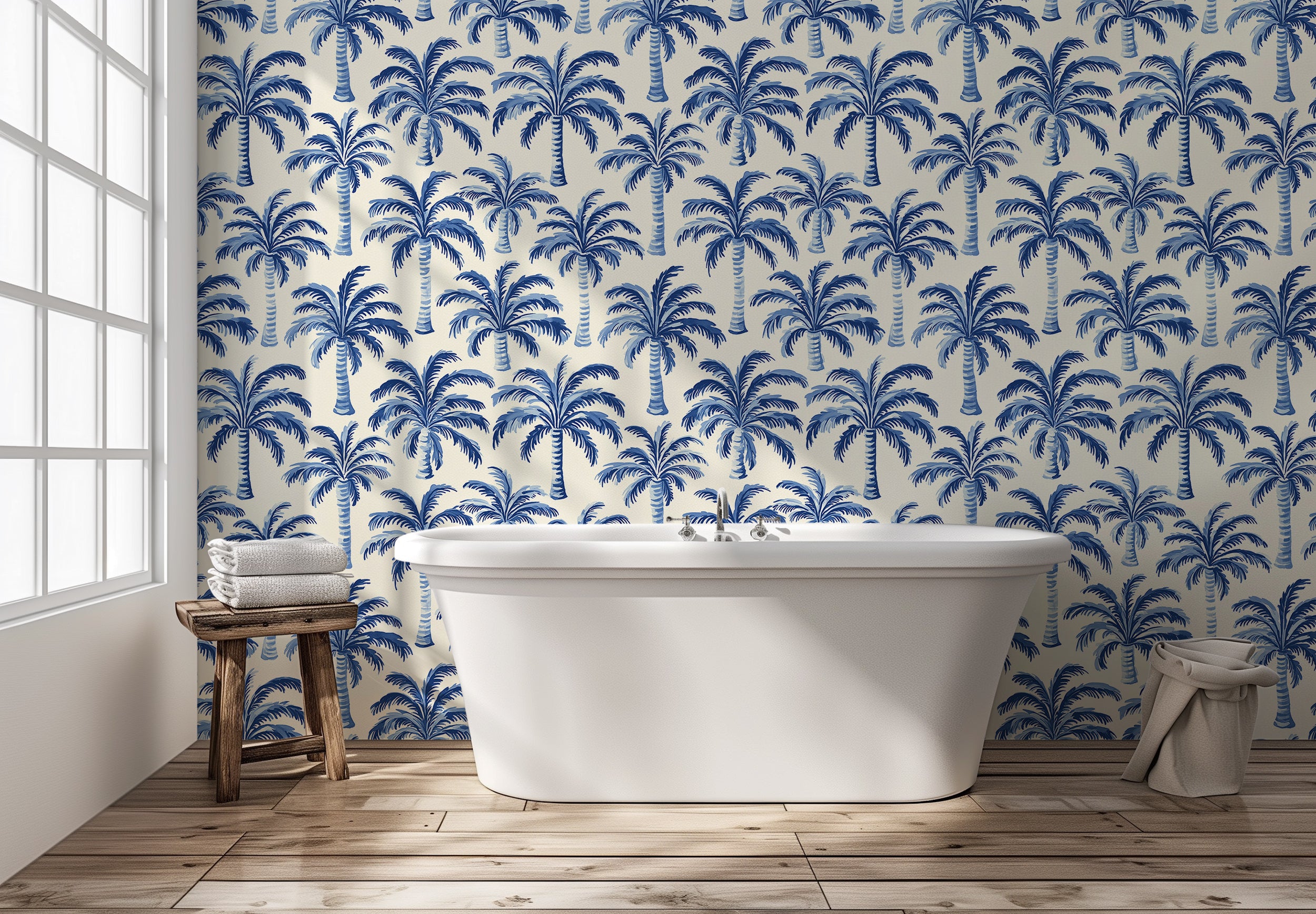 Blue and white coastal wallpaper with palm tree pattern
Peel and stick tropical wallpaper for beach-themed decor