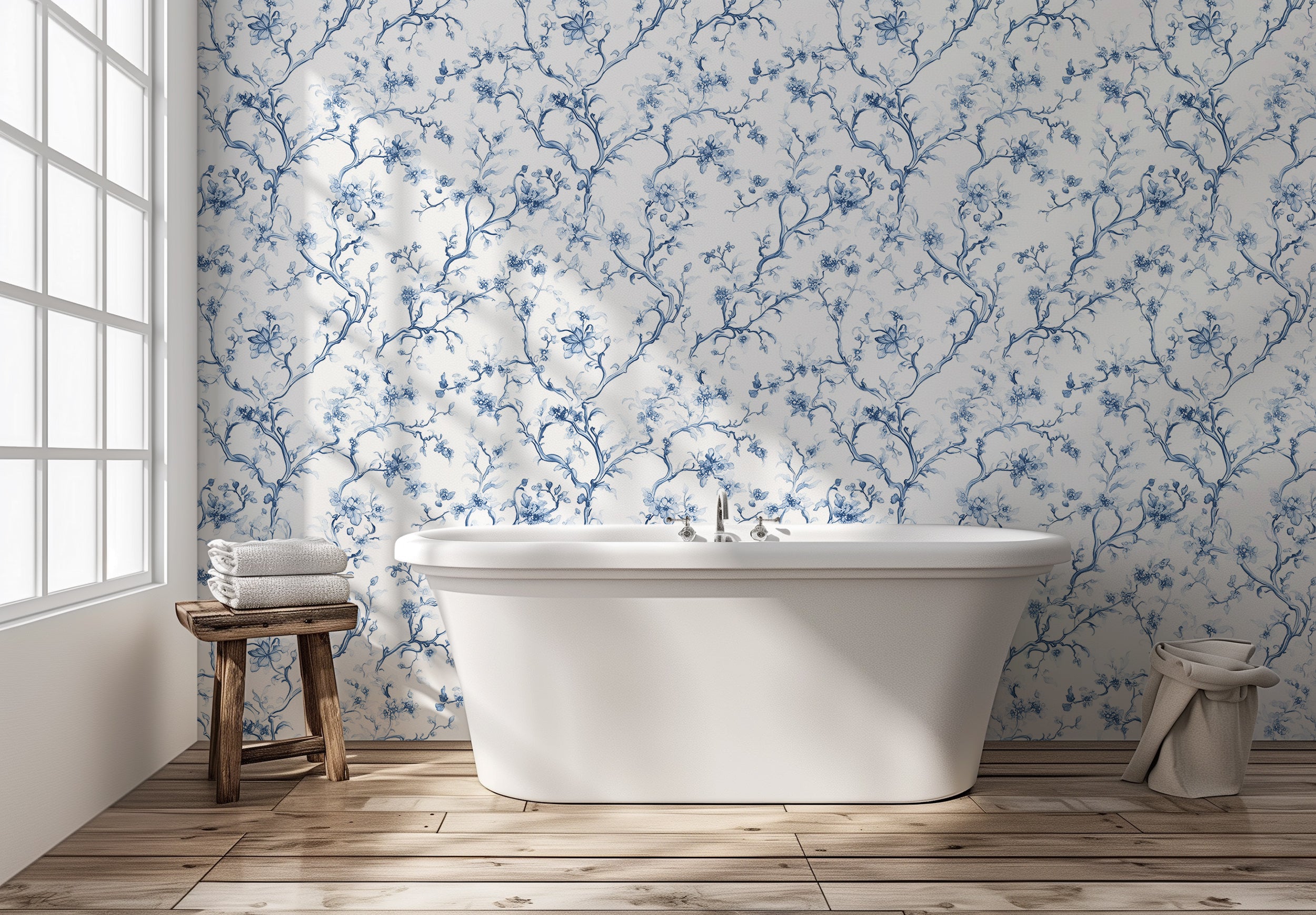 Classic French Botanical Wallpaper, Blue & White Branches Wallpaper, Peel and Stick Toil de Jouy Wall Decor