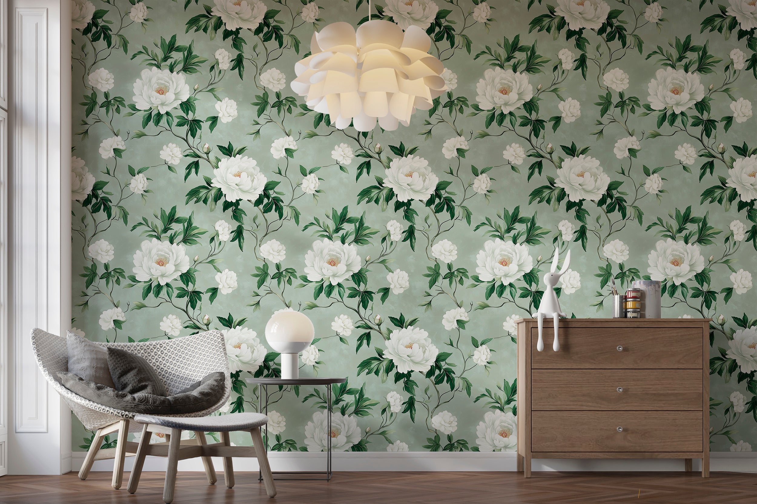 Green plaster background wallpaper with floral pattern
Peel and stick floral wallpaper for bedrooms and entryways