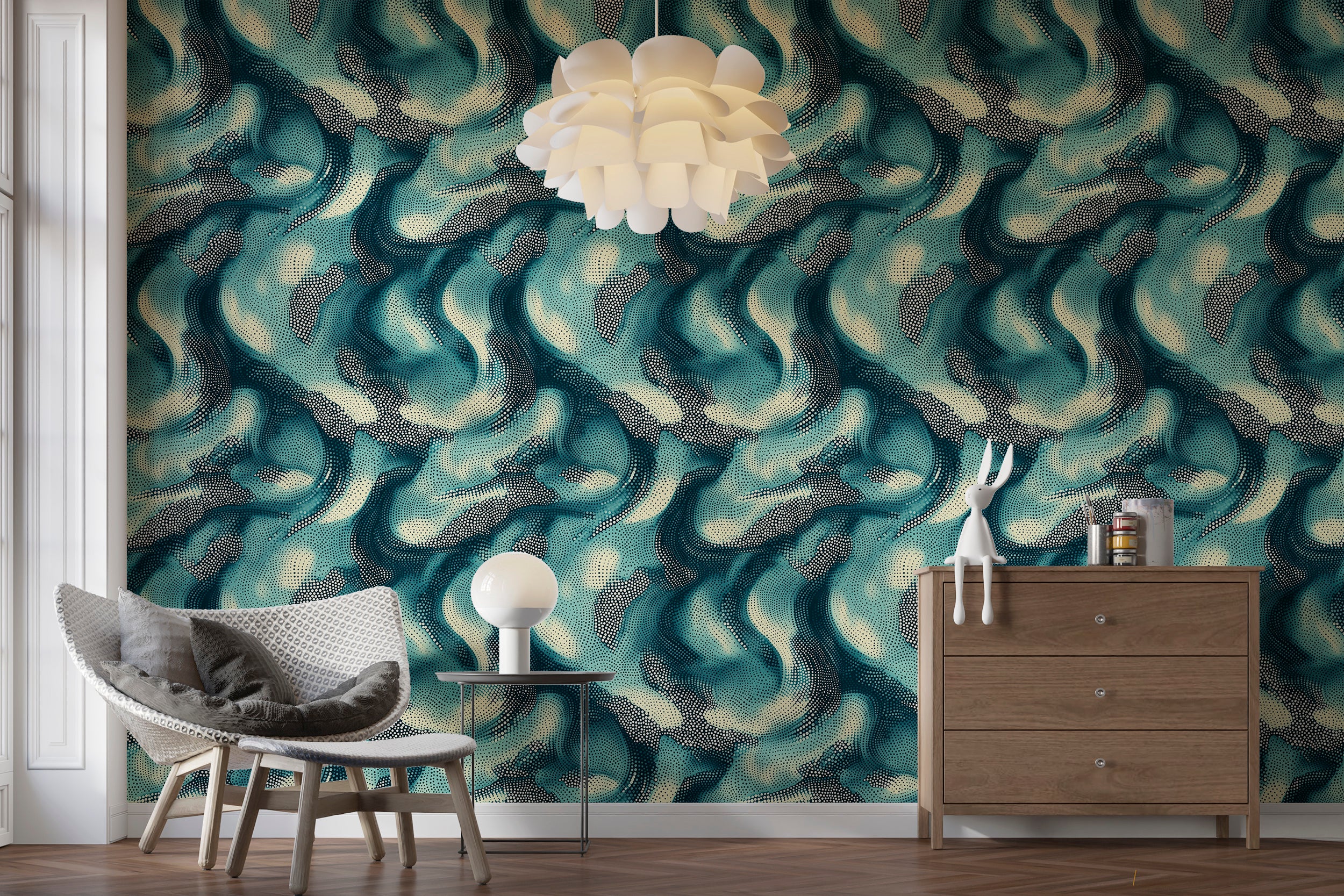 Abstract Wavy Pattern Wallpaper, Ocean Colors Modern Wall Decor, Peel and Stick Blue Wallpaper with Beige Dots