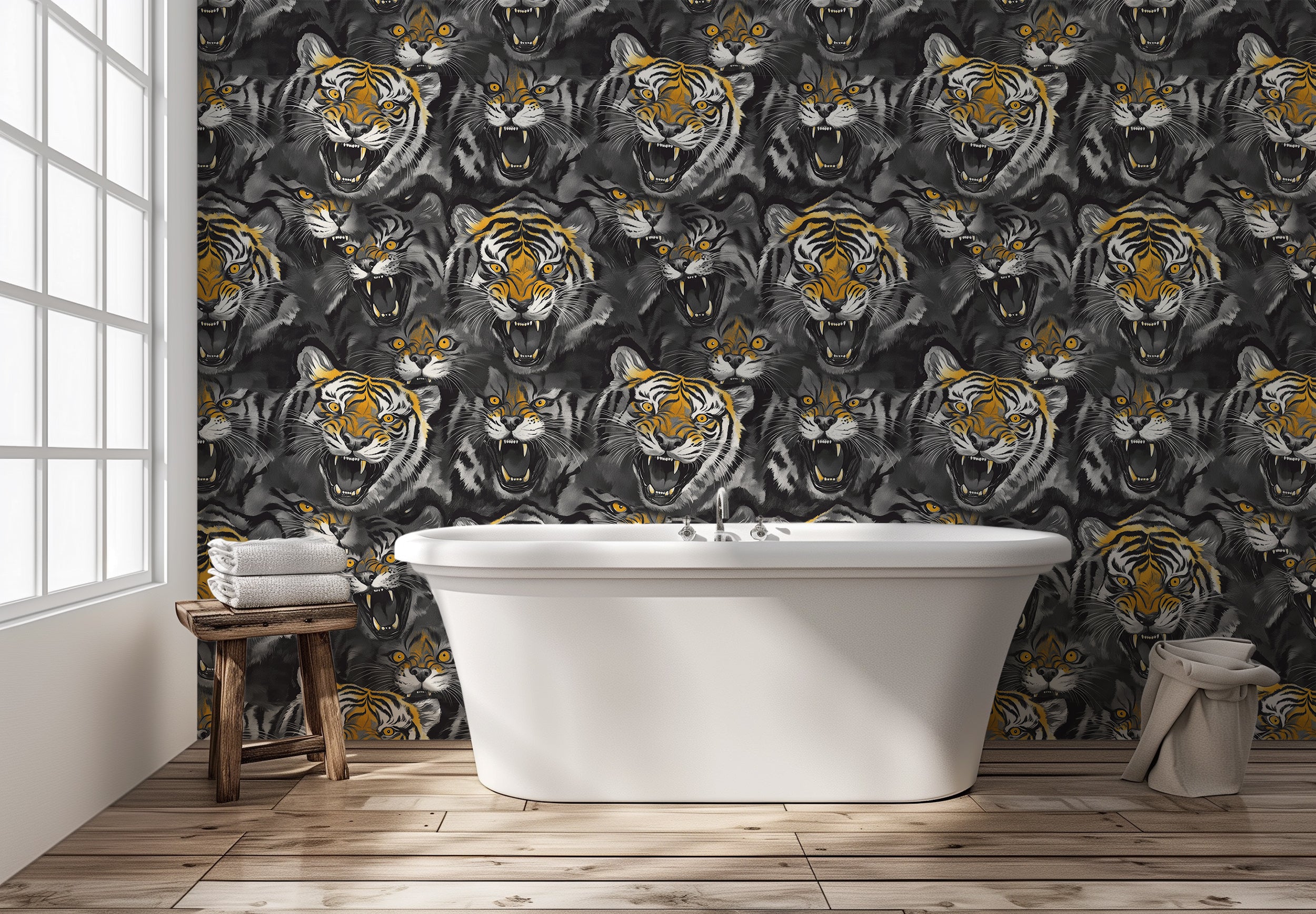 Dark Tiger Print Wallpaper, Orange and Grey Safari Animal Print Wall Art, Peel and Stick Tiger Head Abstract Wallpaper