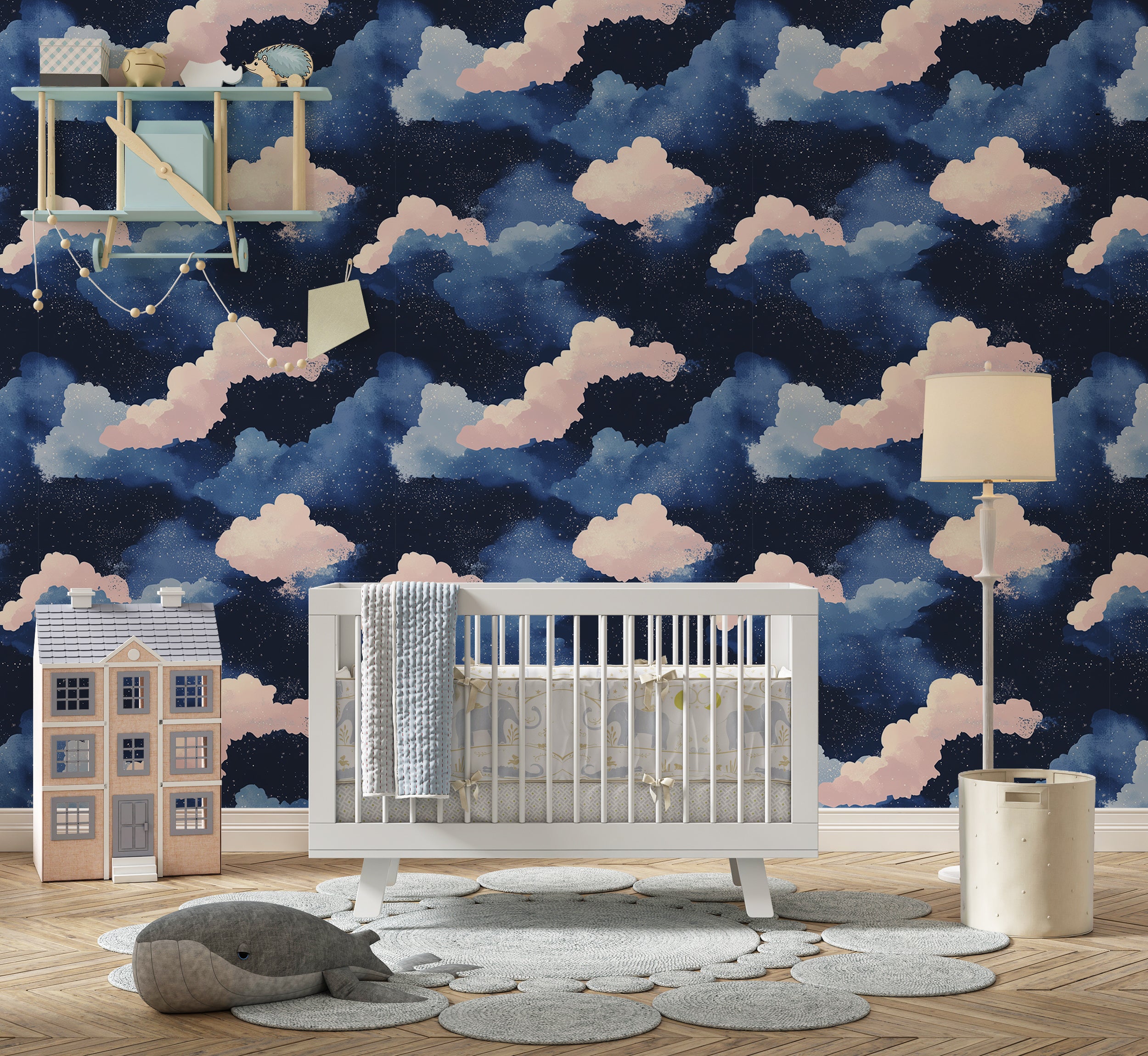 Starry night wallpaper with dark blue and pink clouds
Peel and stick cloudy sky nursery wall decor