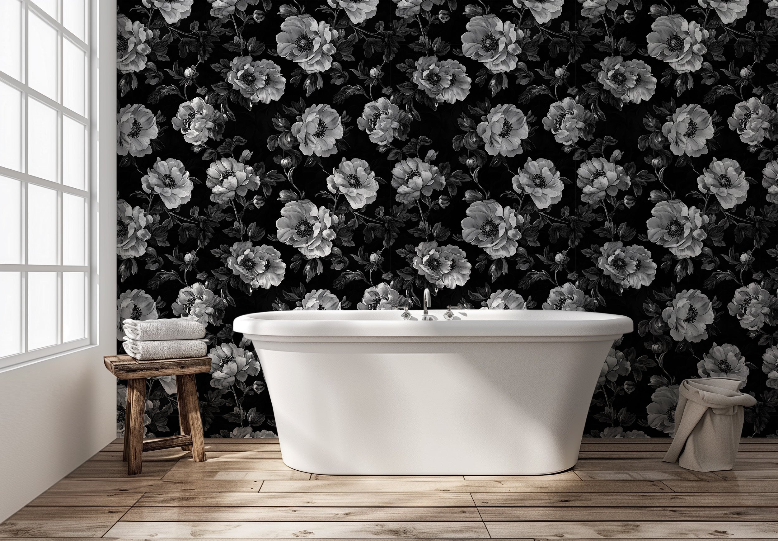 Black and white floral wallpaper for vintage botanical decor
Peel and stick monochrome flower pattern wallpaper