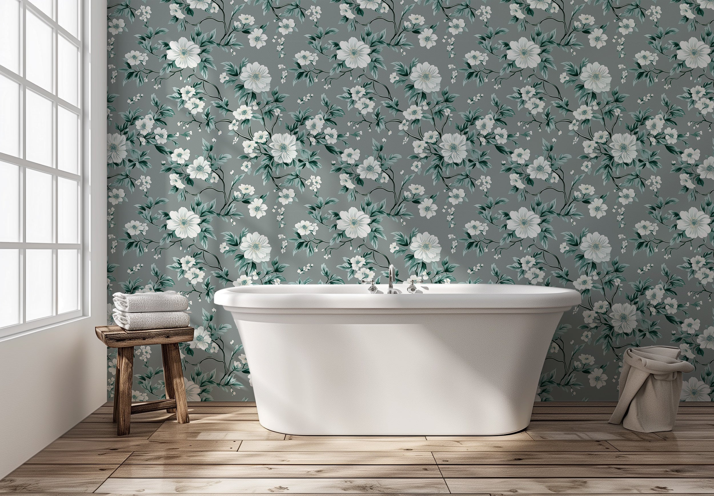 Grey Floral Wallpaper, White and Green Botanical Wall Decor, Peel and Stick Retro Floral Wallpaper