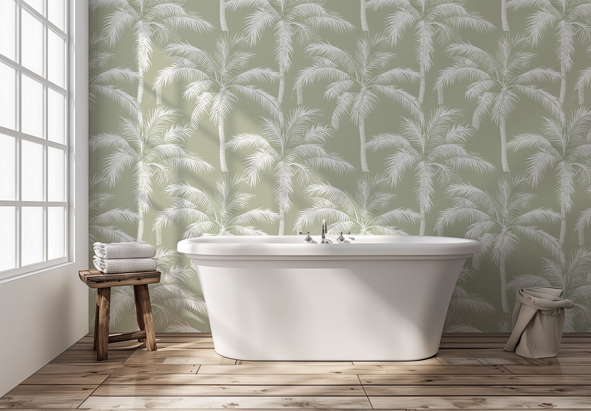 Light Green and White Palm Tree Pattern Wallpaper, Tropical Wall Decor, Peel and Stick Jungle Wallpaper