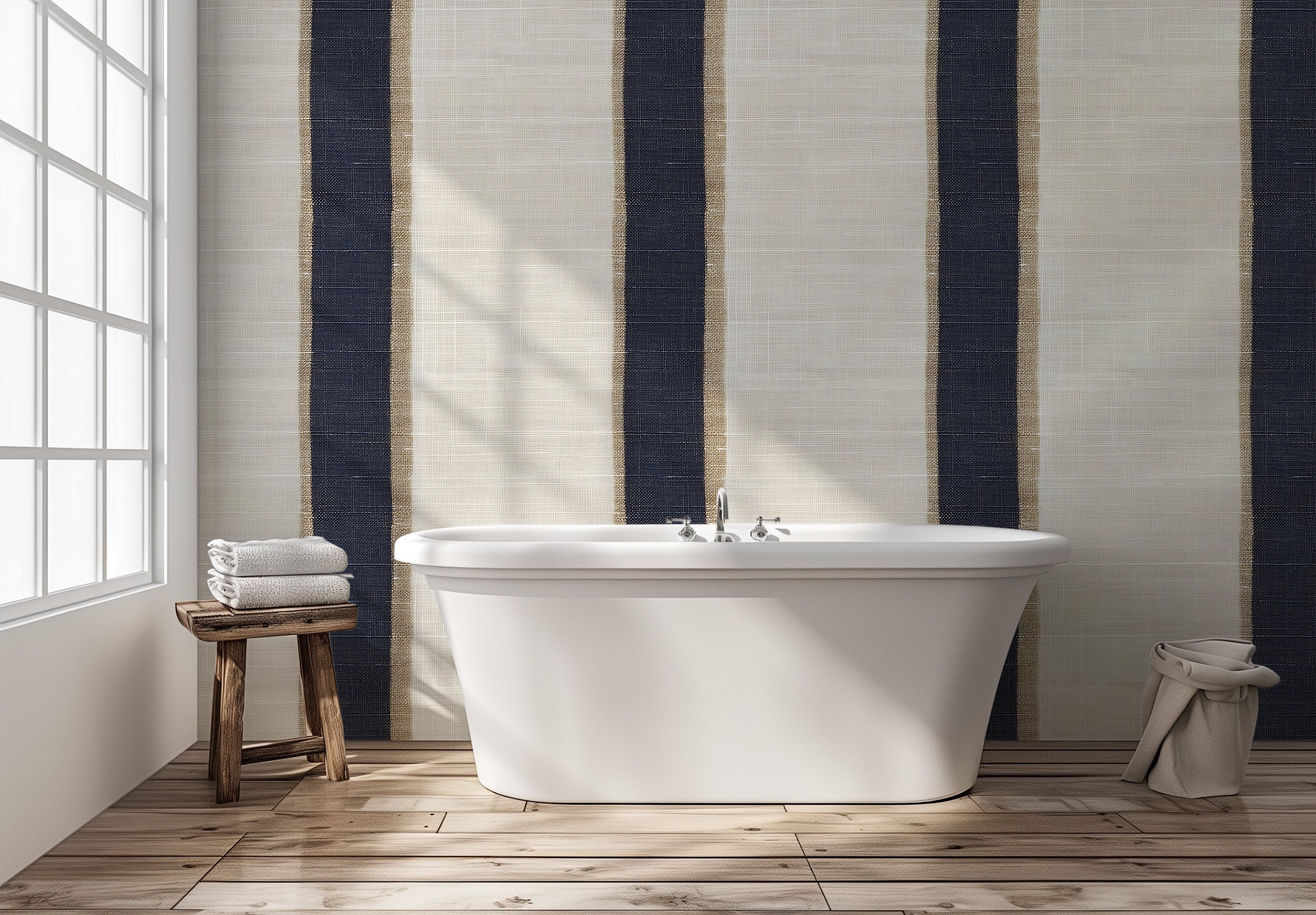 Beige and Blue Wide Stripes Wallpaper, Linen Background Striped Wallpaper, Peel and Stick Timeless Luxury Wall Decor