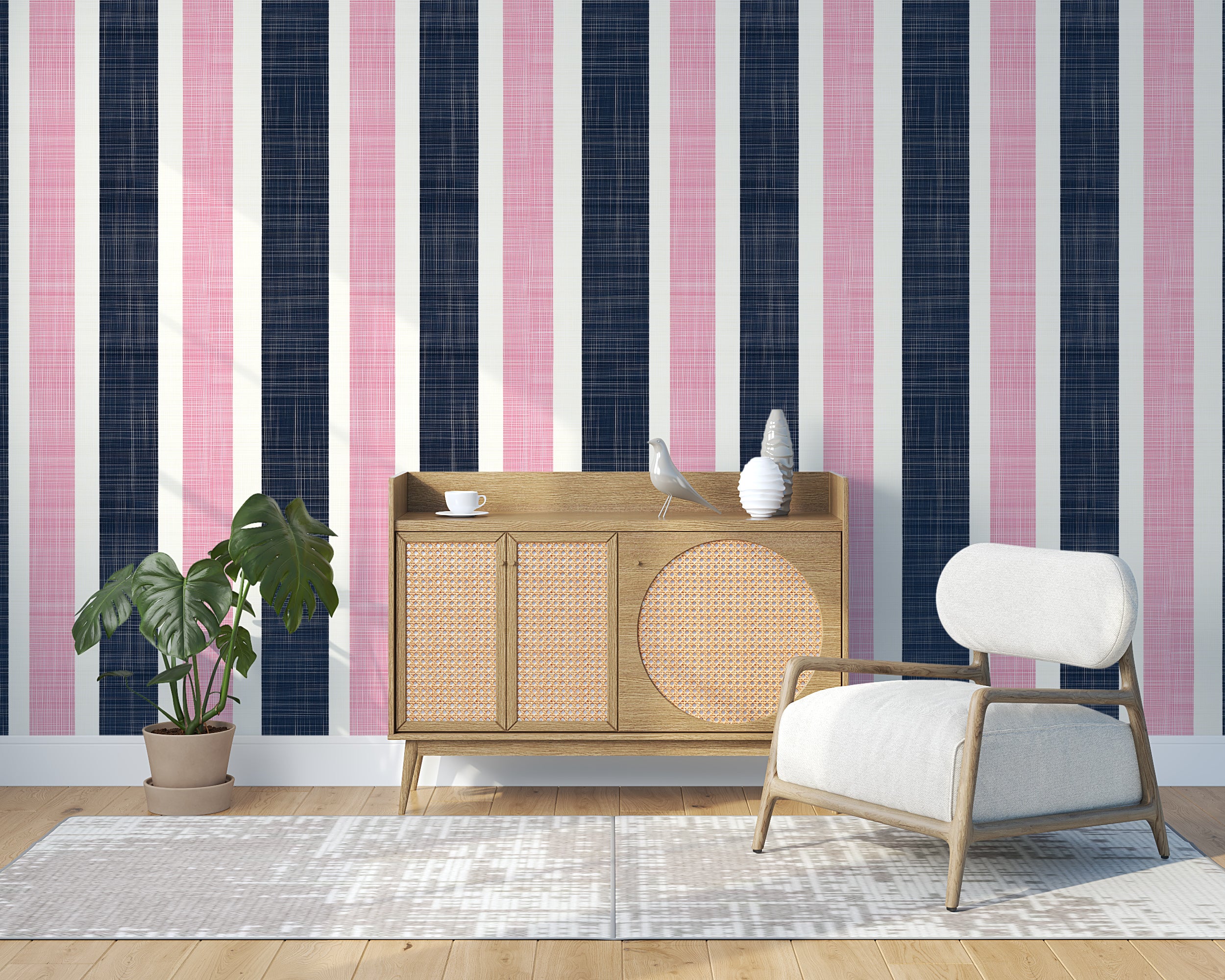 Navy White and Pink Striped Wallpaper, Linen Style Colorful Classic Wallpaper, Peel and Stick Removable Wall Decor