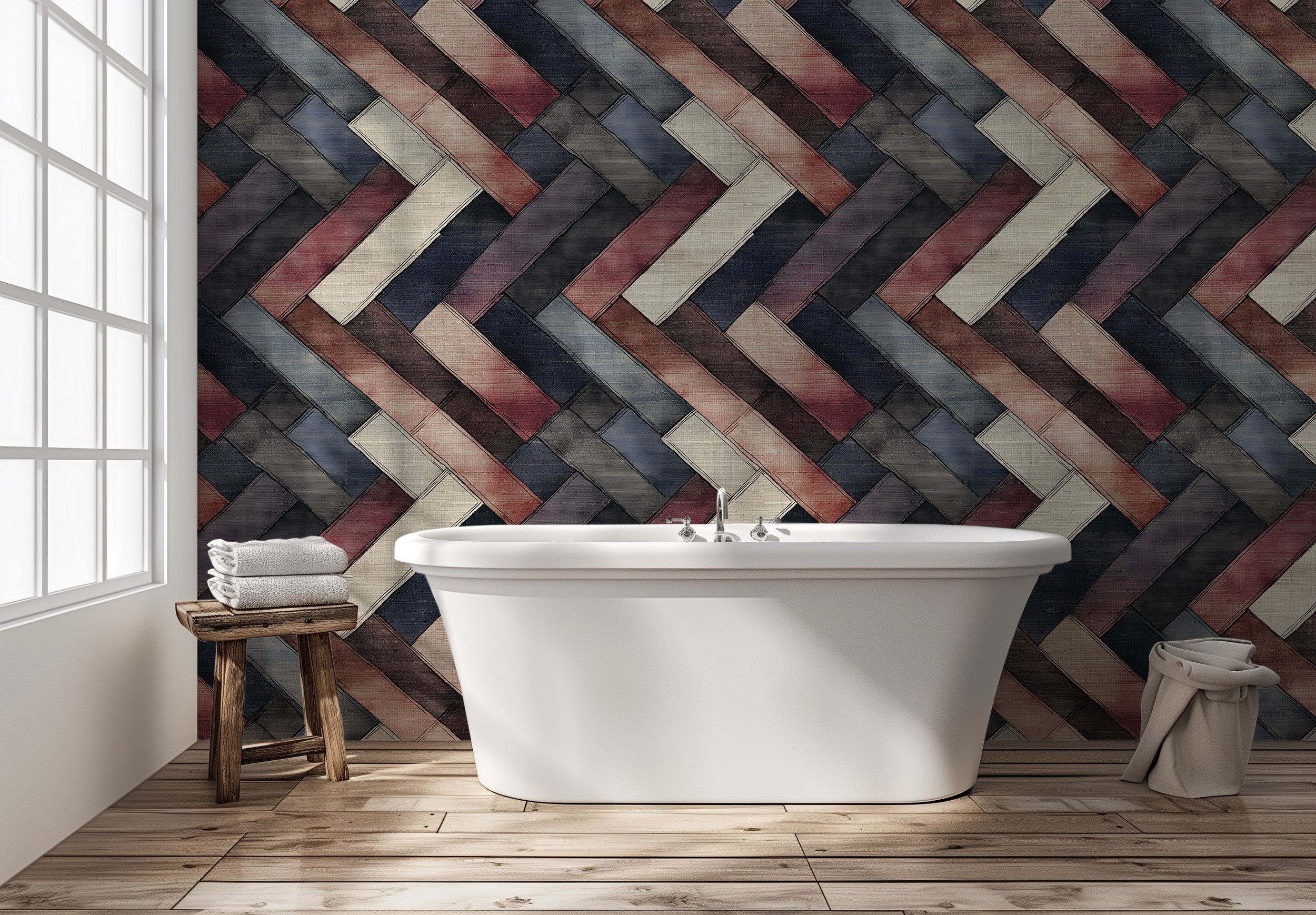 Colorful Accent Wall Herringbone Wallpaper, Peel and Stick Geometric Wall Decor, Dark Bricks Wallpaper