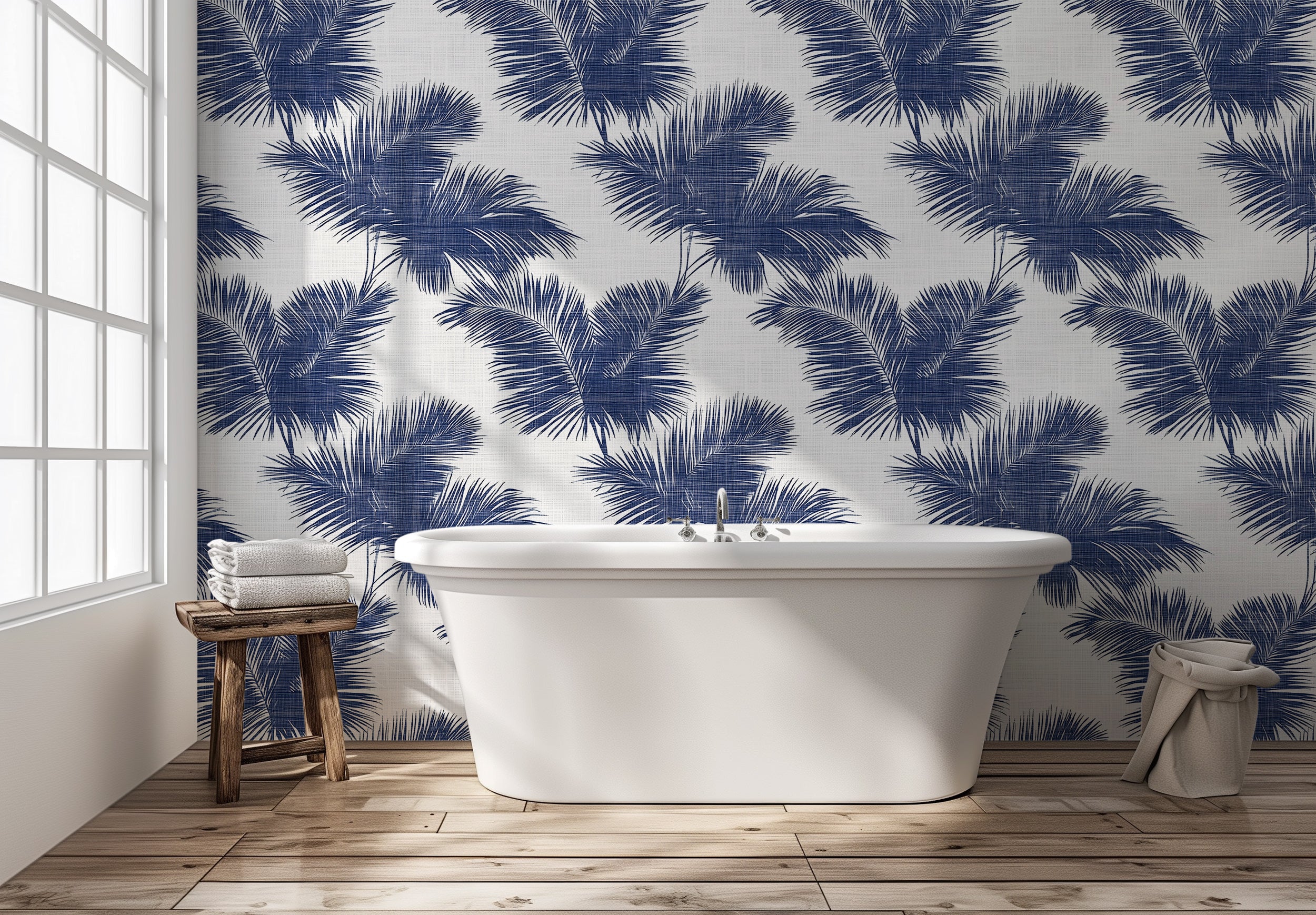 Blue palm tree leaves wallpaper for coastal room decor
Peel and stick tropical minimalist wallpaper for serene spaces