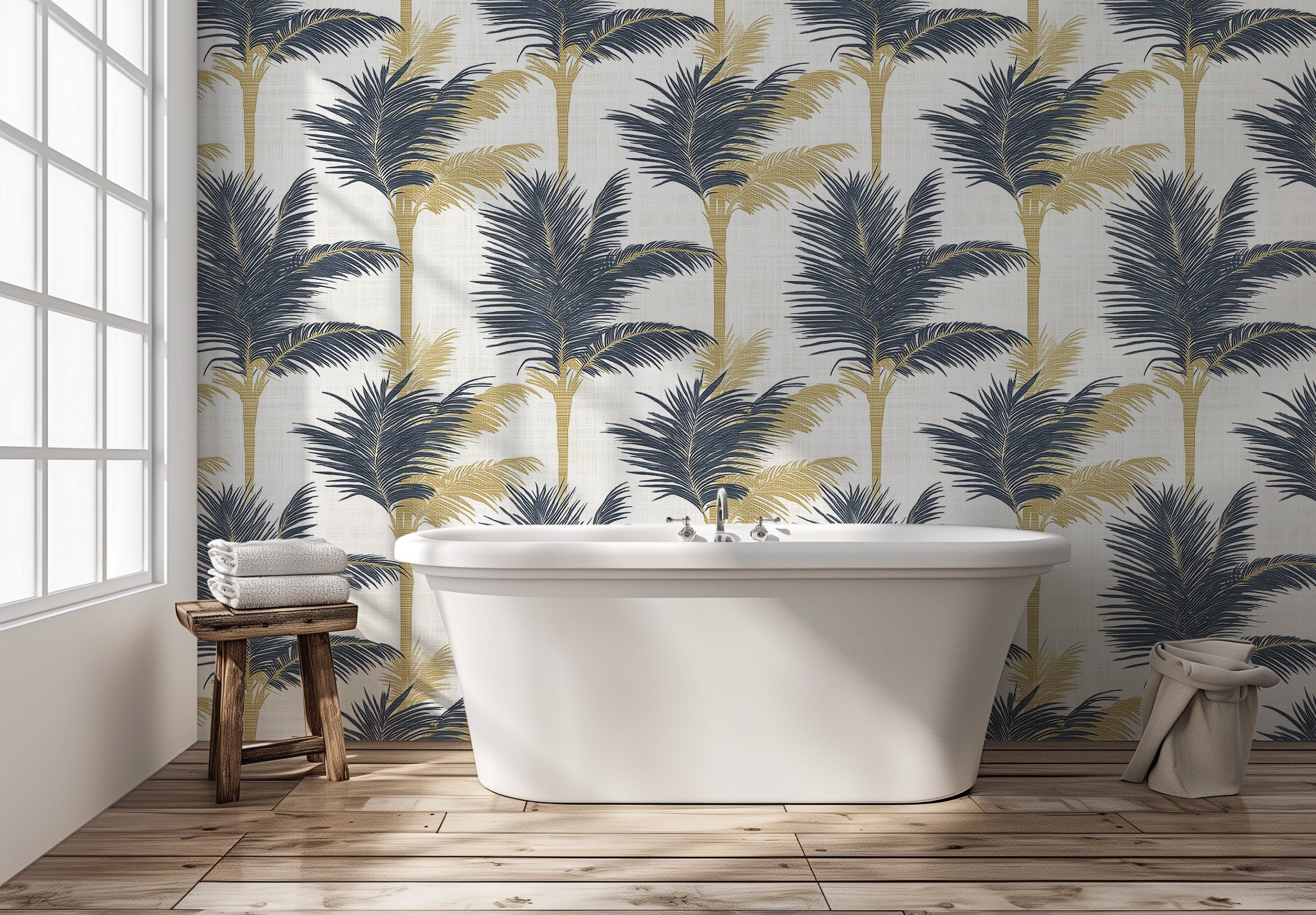 Gold and Blue Palm Trees on White Linen Texture Background Wallpaper, Luxurious Tropical Forest Wall Decor, Peel and Stick Art