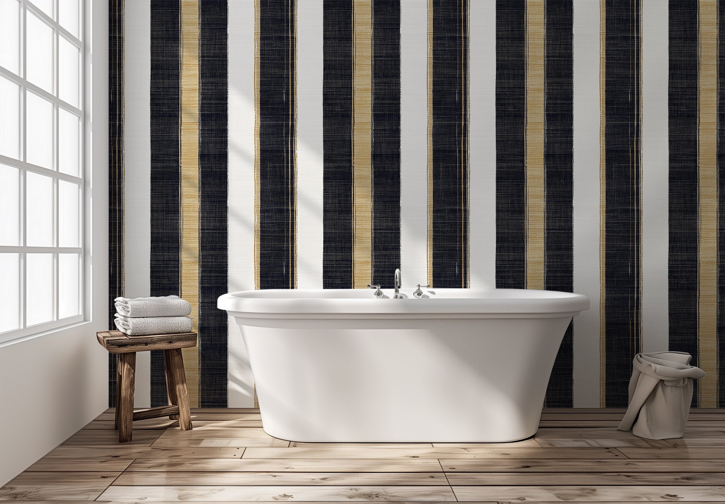 Timeless luxury striped wallpaper in white, blue, and gold
Peel and stick vertical striped wallpaper for classic French decor