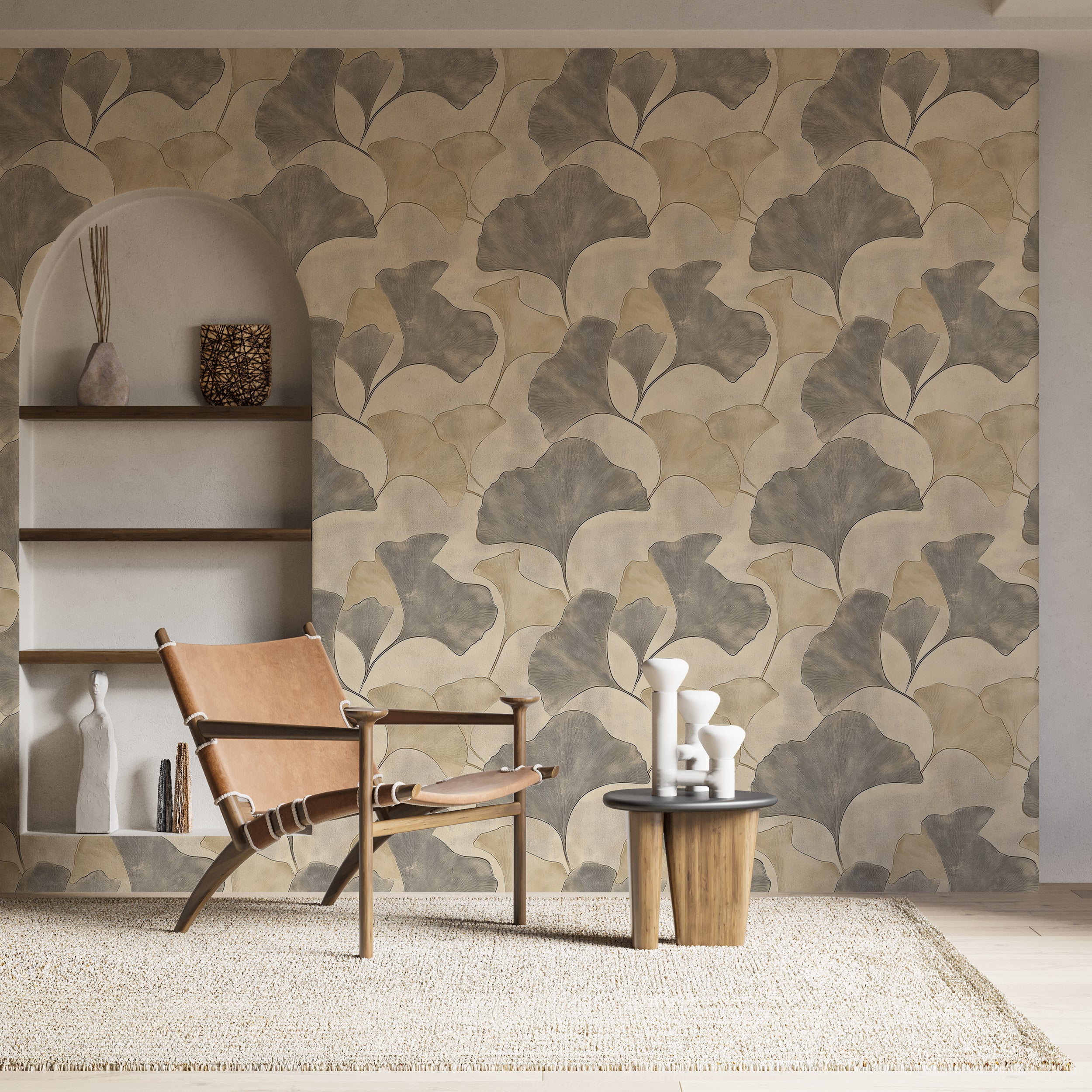 Beige and Grey Leaf Pattern Wallpaper, Luxury Leaves Decor, Peel and Stick Abstract Botanical Wallpaper