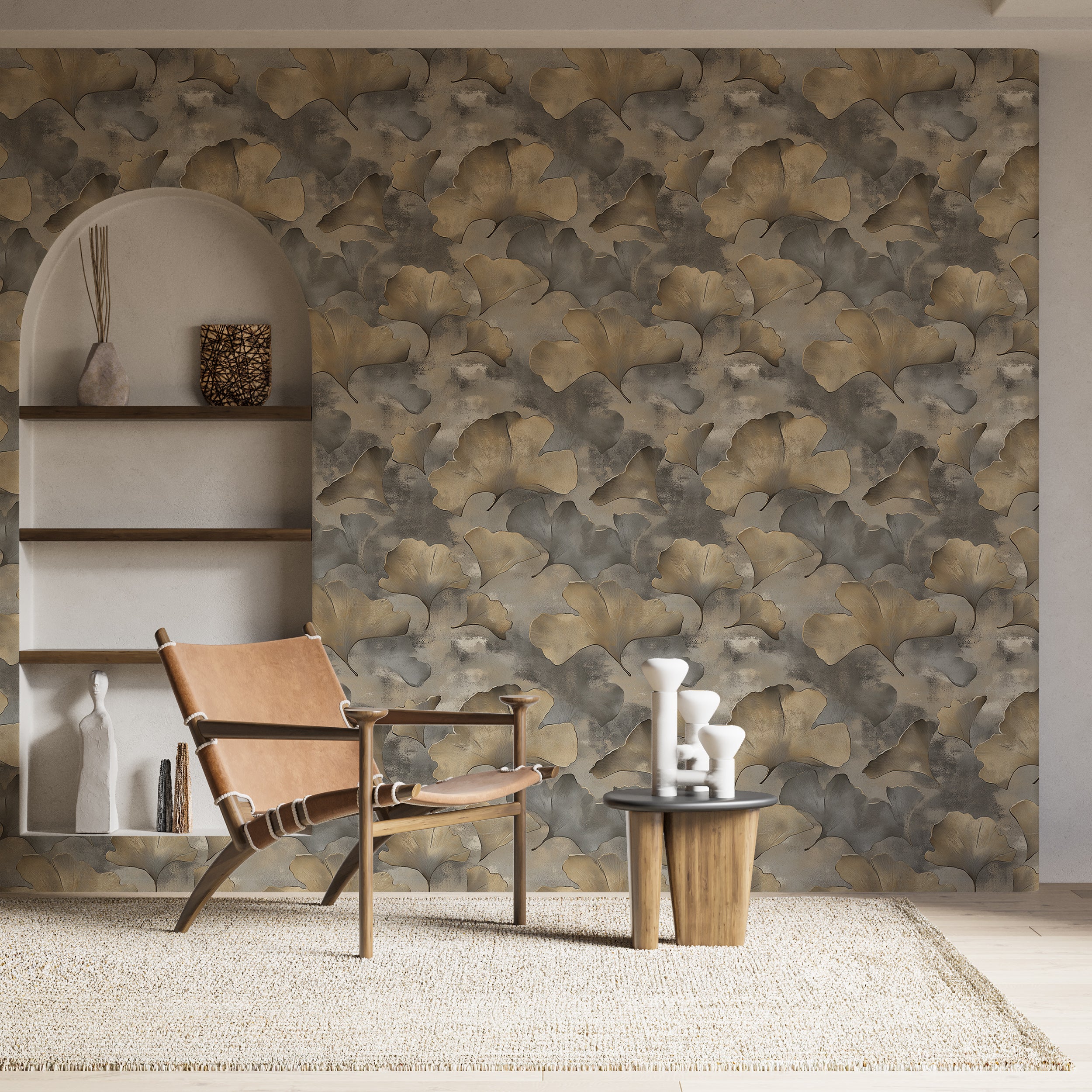 Ginkgo Leaves Modern Wallpaper, Beige and Grey Botanical Art, Peel and Stick Luxury Wall Decor