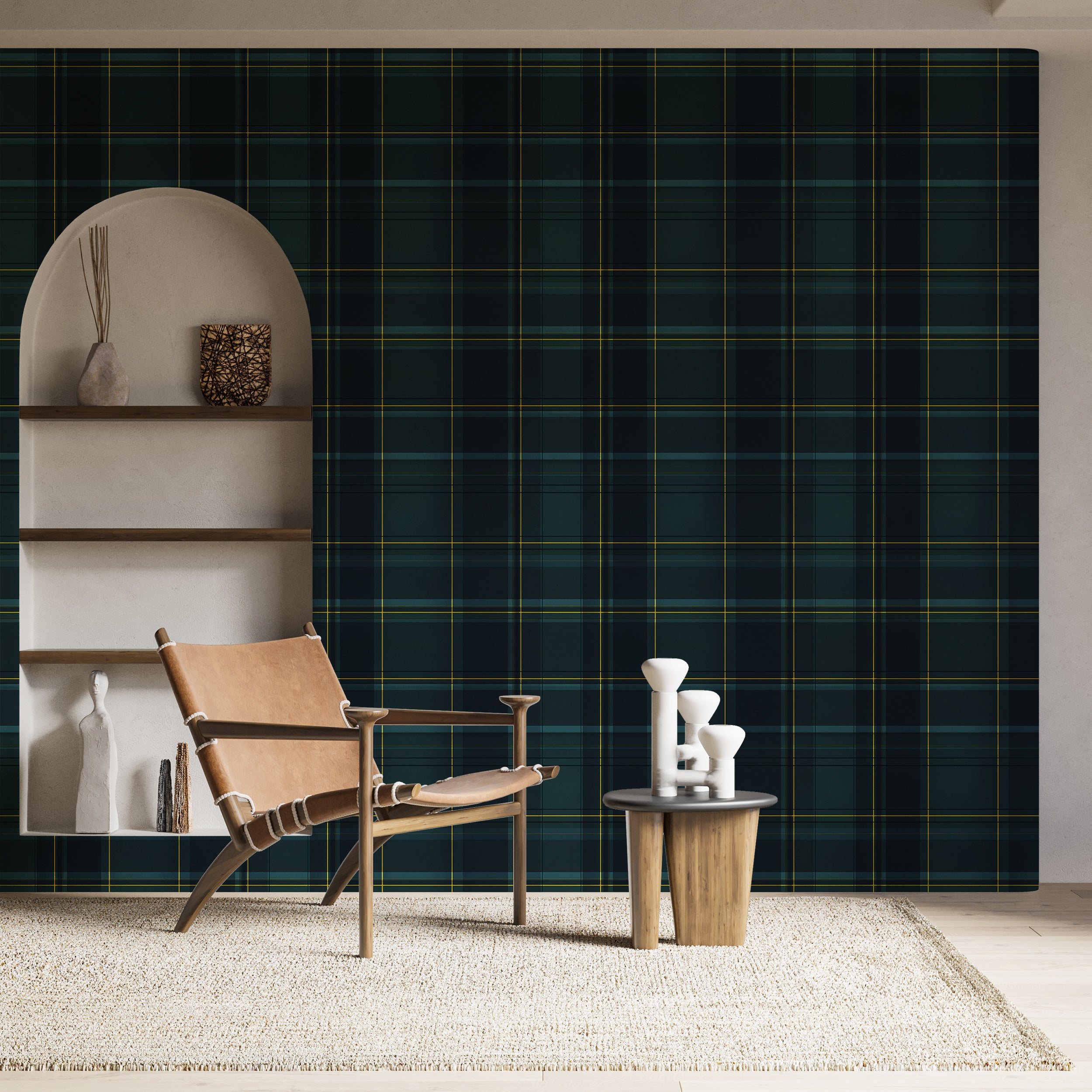 Dark Green Tartan Pattern Wallpaper, Classic Geometric Wall Decor, Peel and Stick Green and Yellow Squares Wallpaper