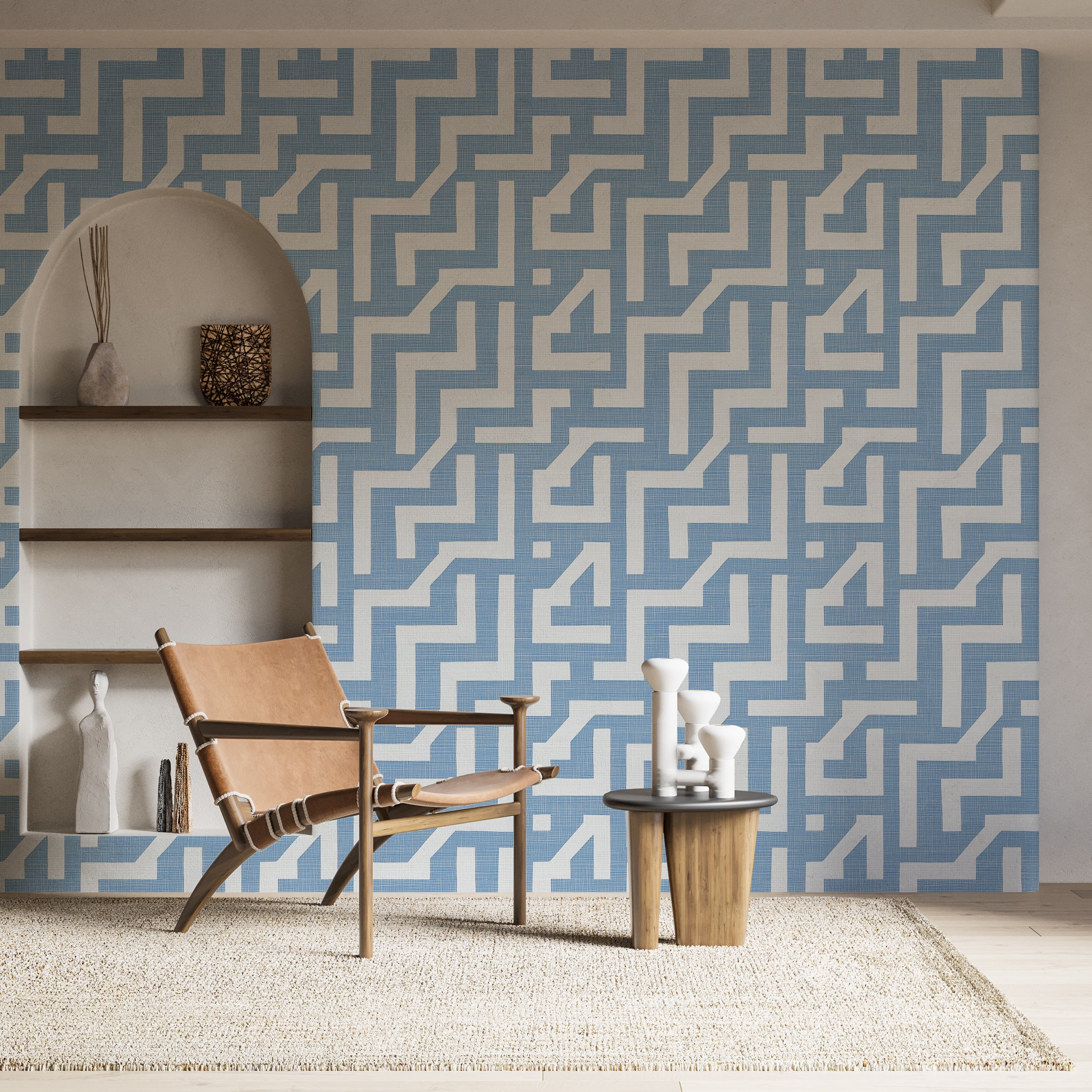 Blue and White Linen Style Line Wallpaper, Peel and Stick Blue and White Geometric Wall Decor