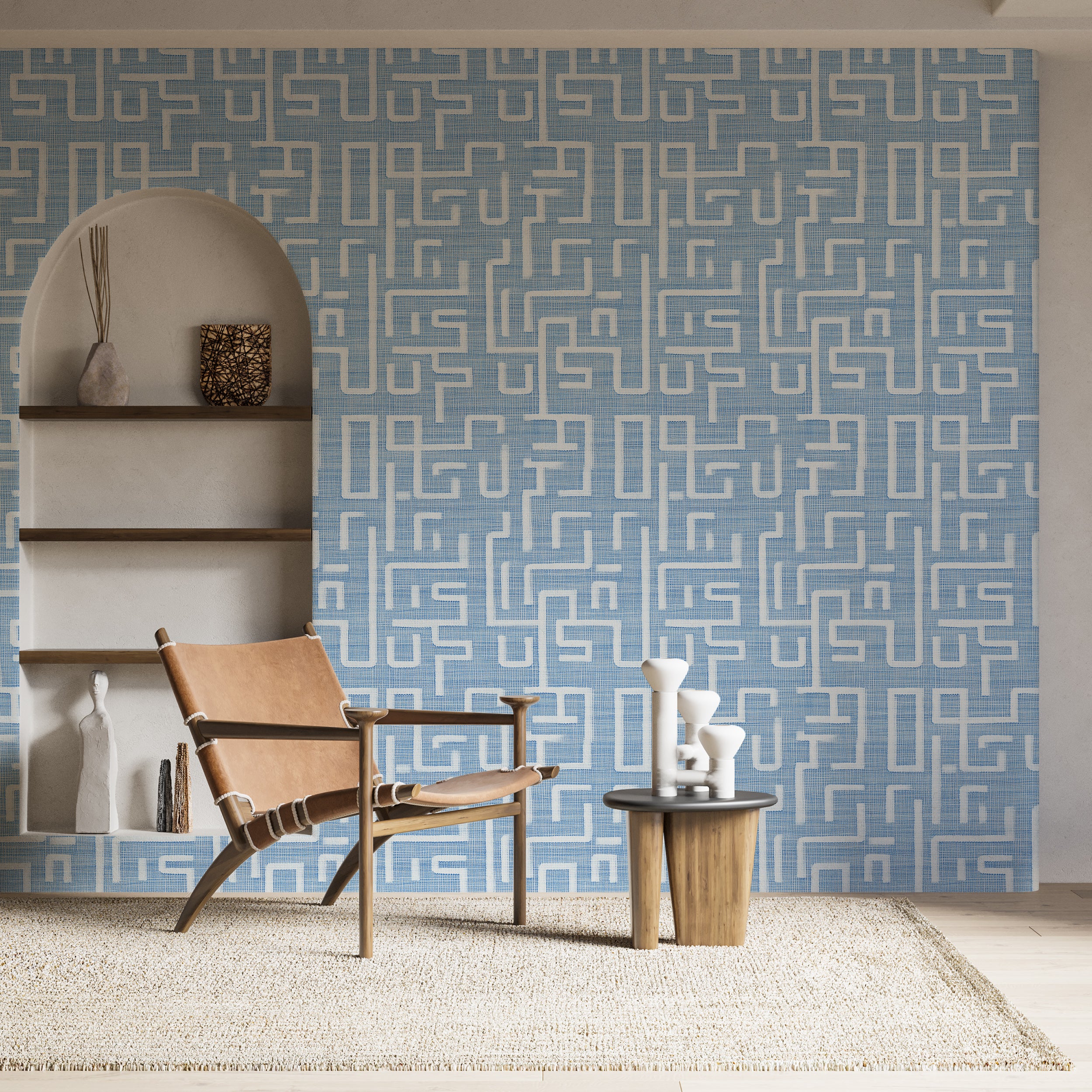 Blue and white line art wallpaper for classic decor
Peel and stick soft blue wallpaper with geometric patterns