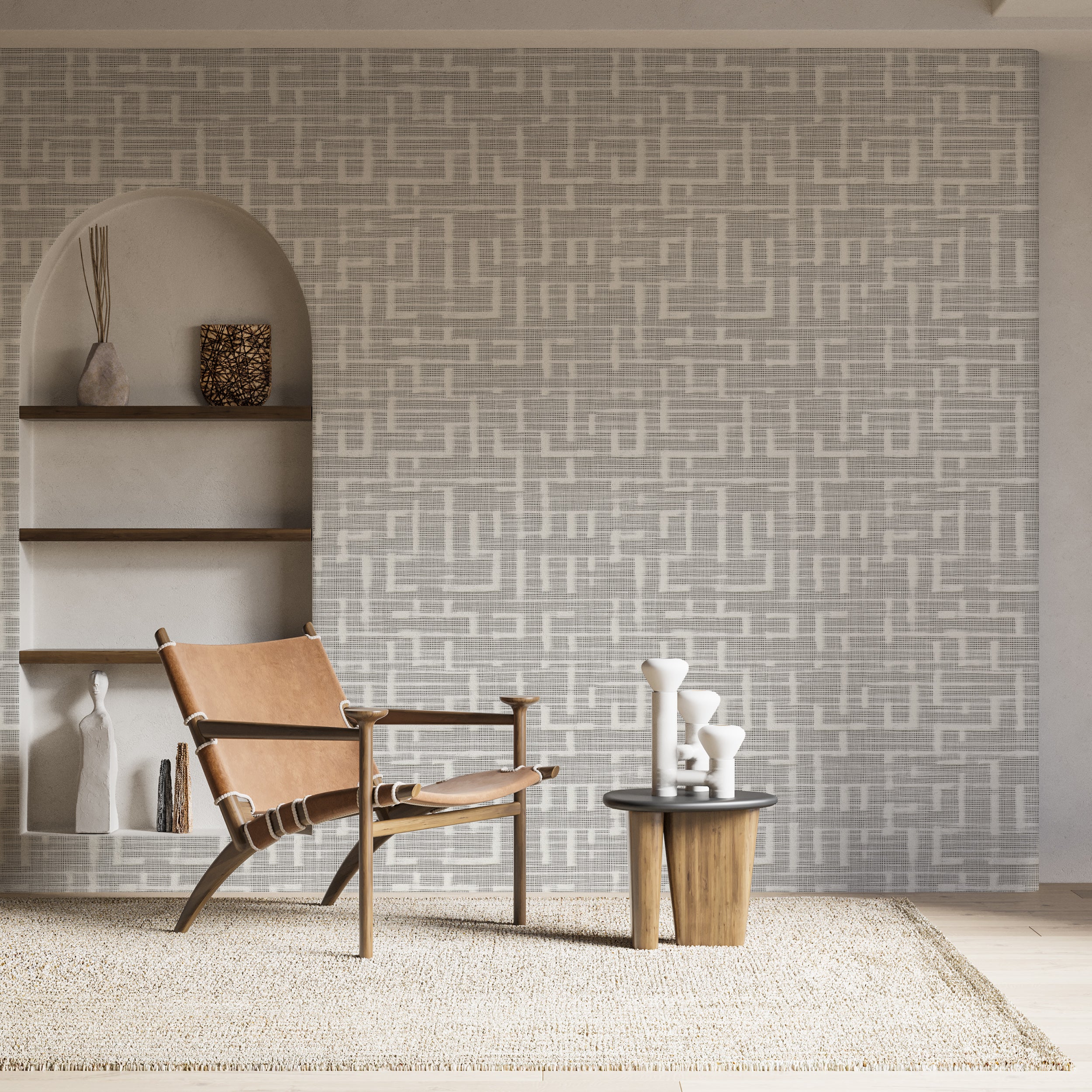 Grey and White Linen Style Greek Geometric Wallpaper, Peel and Stick Light Minimalist Neutral Wall Covering