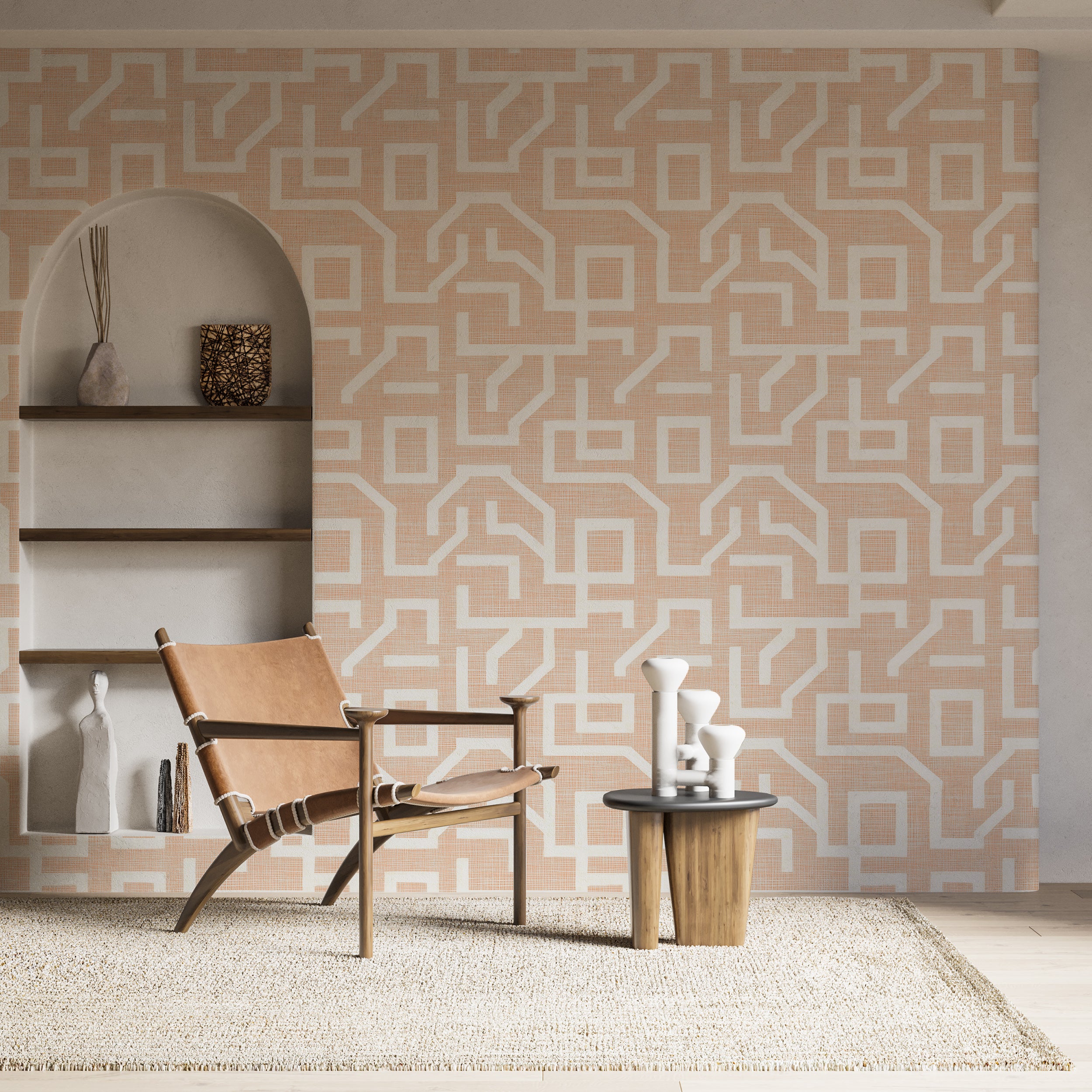 Light Peach and White Linen Greek Wallpaper, Neutral Geometric Wallpaper, Peel and Stick Lines Wall Covering