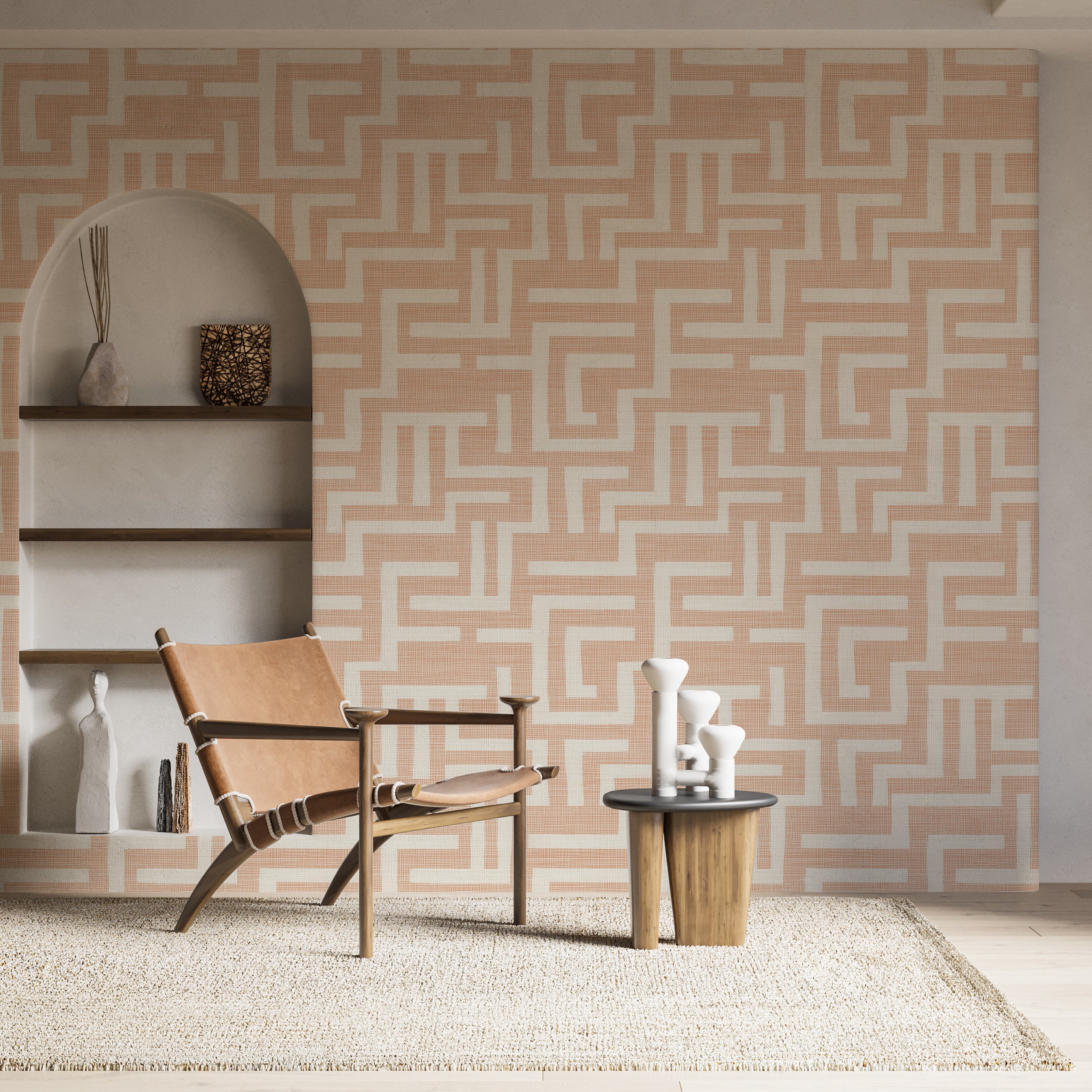 Peach and White Geometry Wallpaper, Modern Minimalist Pink Wallpaper, Peel and Stick Lines Wall Covering