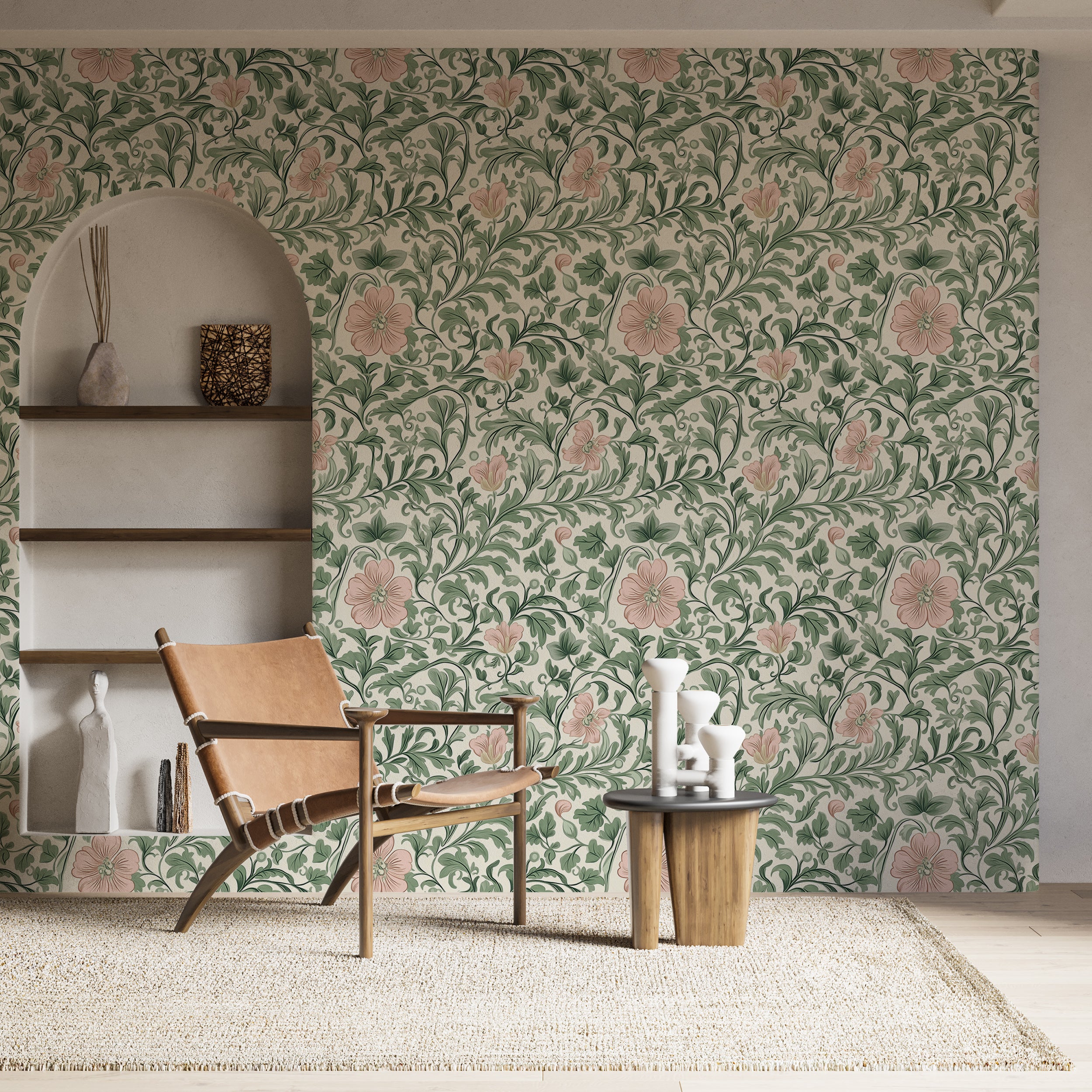 Pink and Green Floral Wallpaper, Peel and Stick William Morris Style Botanical Wall Decor, Removable Greenery