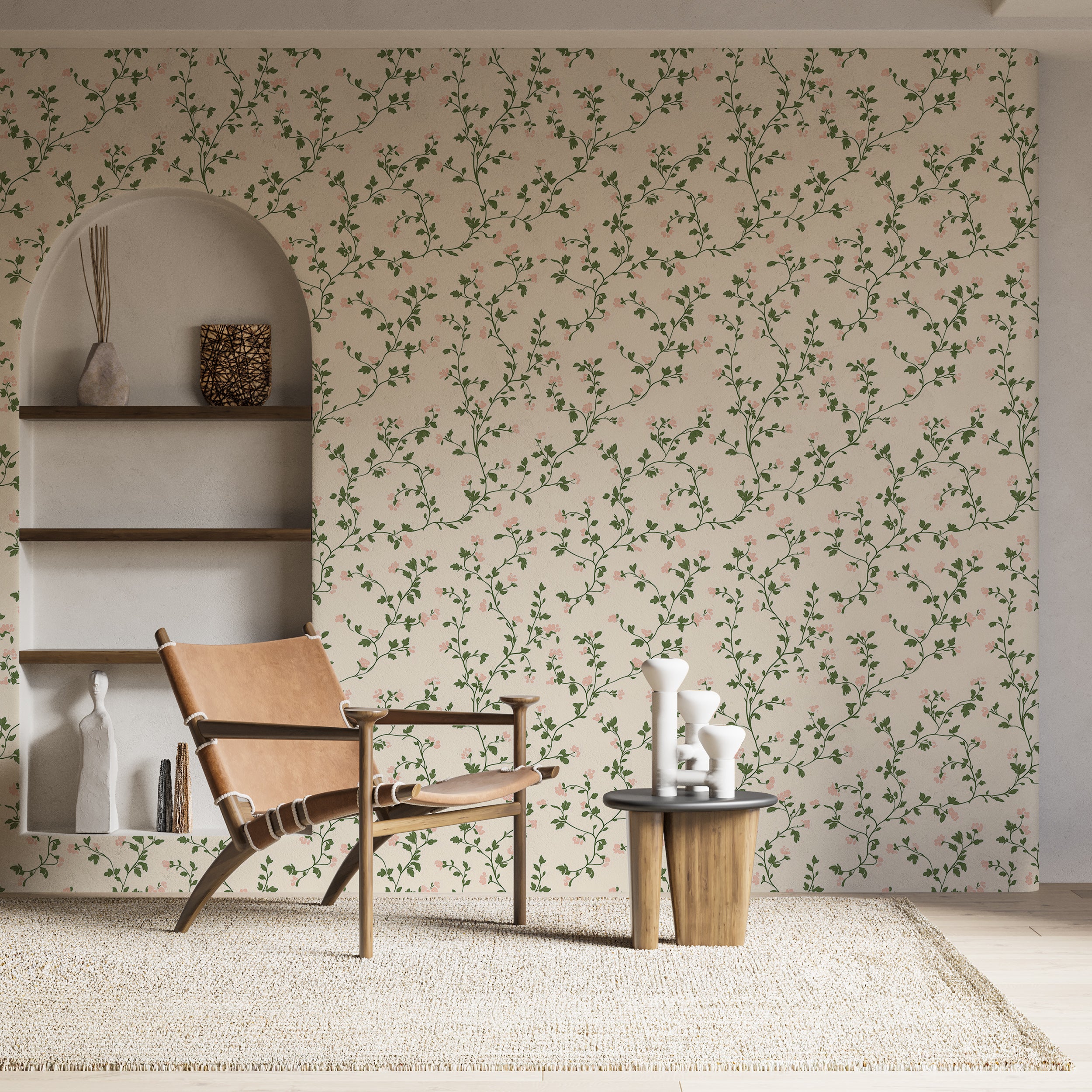 Minimalist Botanical Wallpaper, Beige Floral Removable Wallpaper, Small Flowers Country Peel and Stick Wallpaper