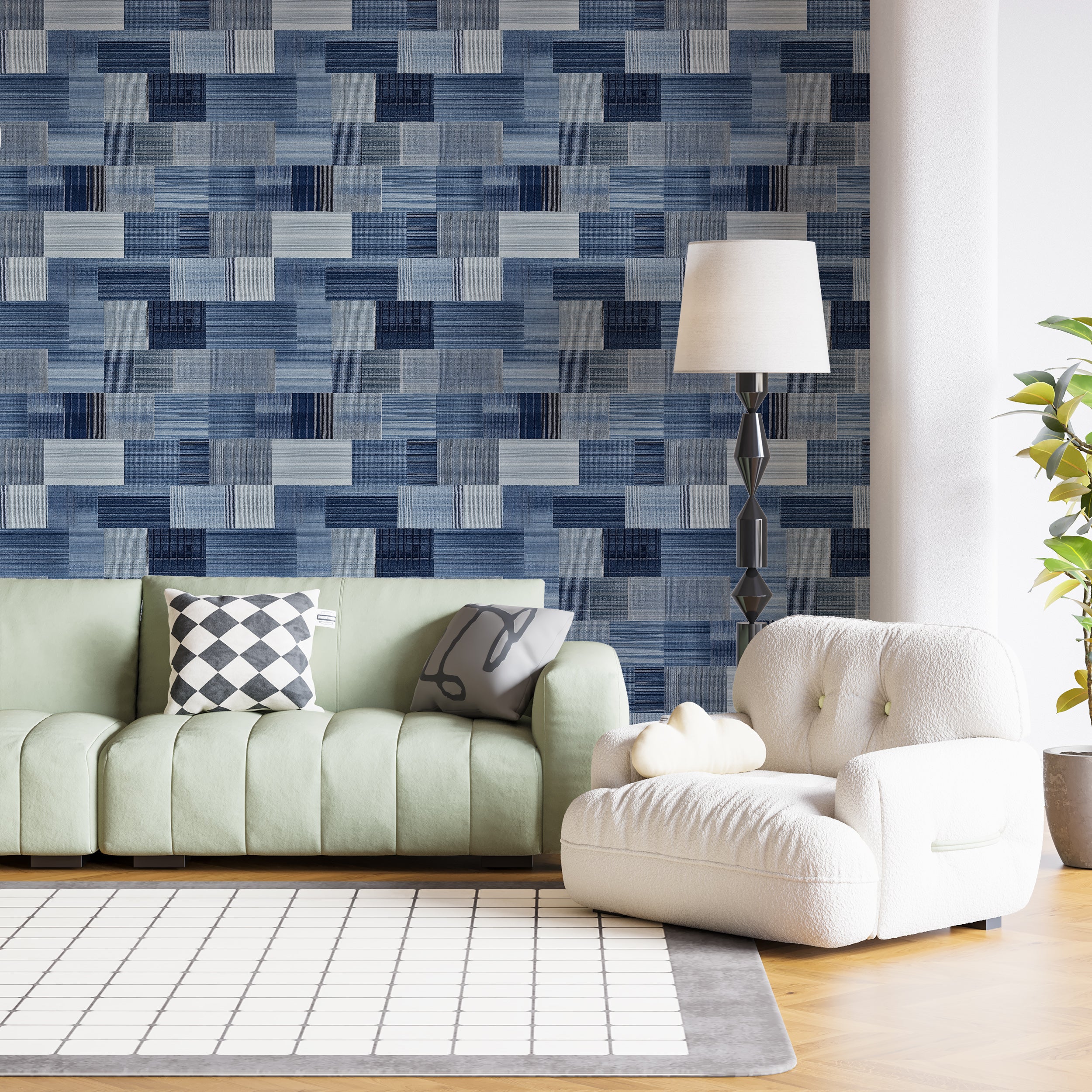 Blue contemporary wallpaper with geometric square pattern
Peel and stick modern blue squares wallpaper for accent walls