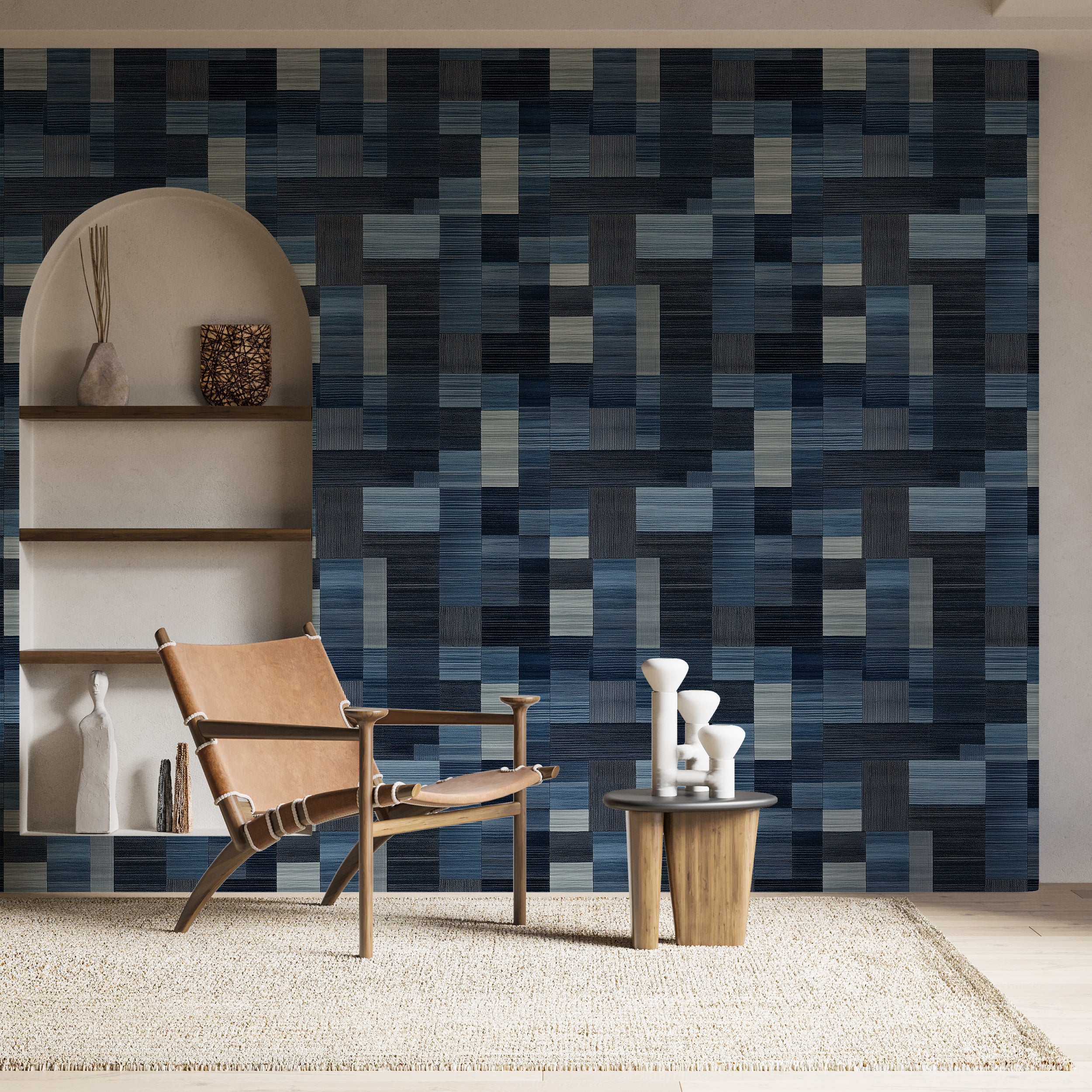 Dark Blue and Grey Squares Contemporary Wallpaper, Peel and Stick Geometric Scandinavian Wallpaper