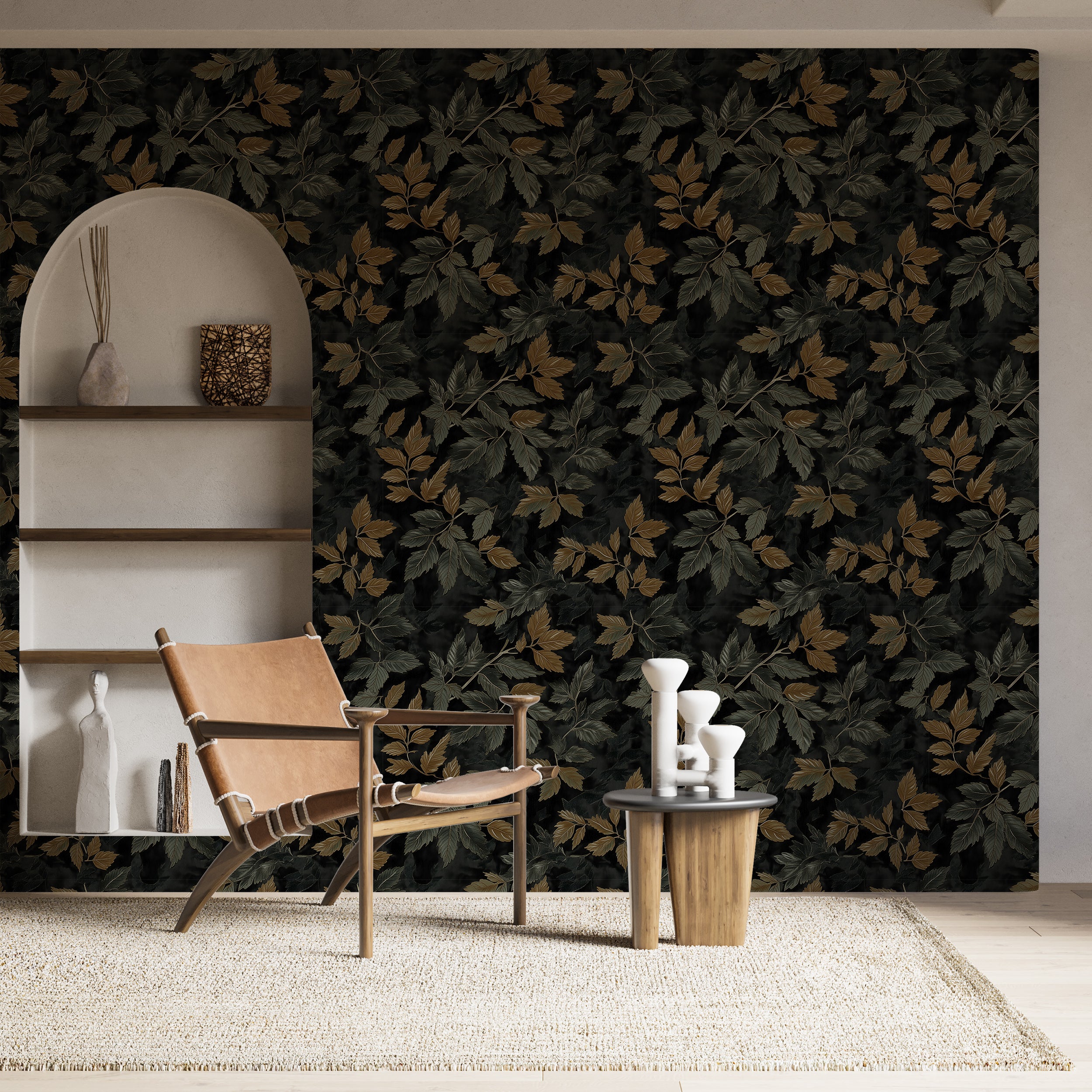 Dark forest leaves wallpaper for botanical wall decor
Peel and stick dark green botanical wallpaper for accent walls