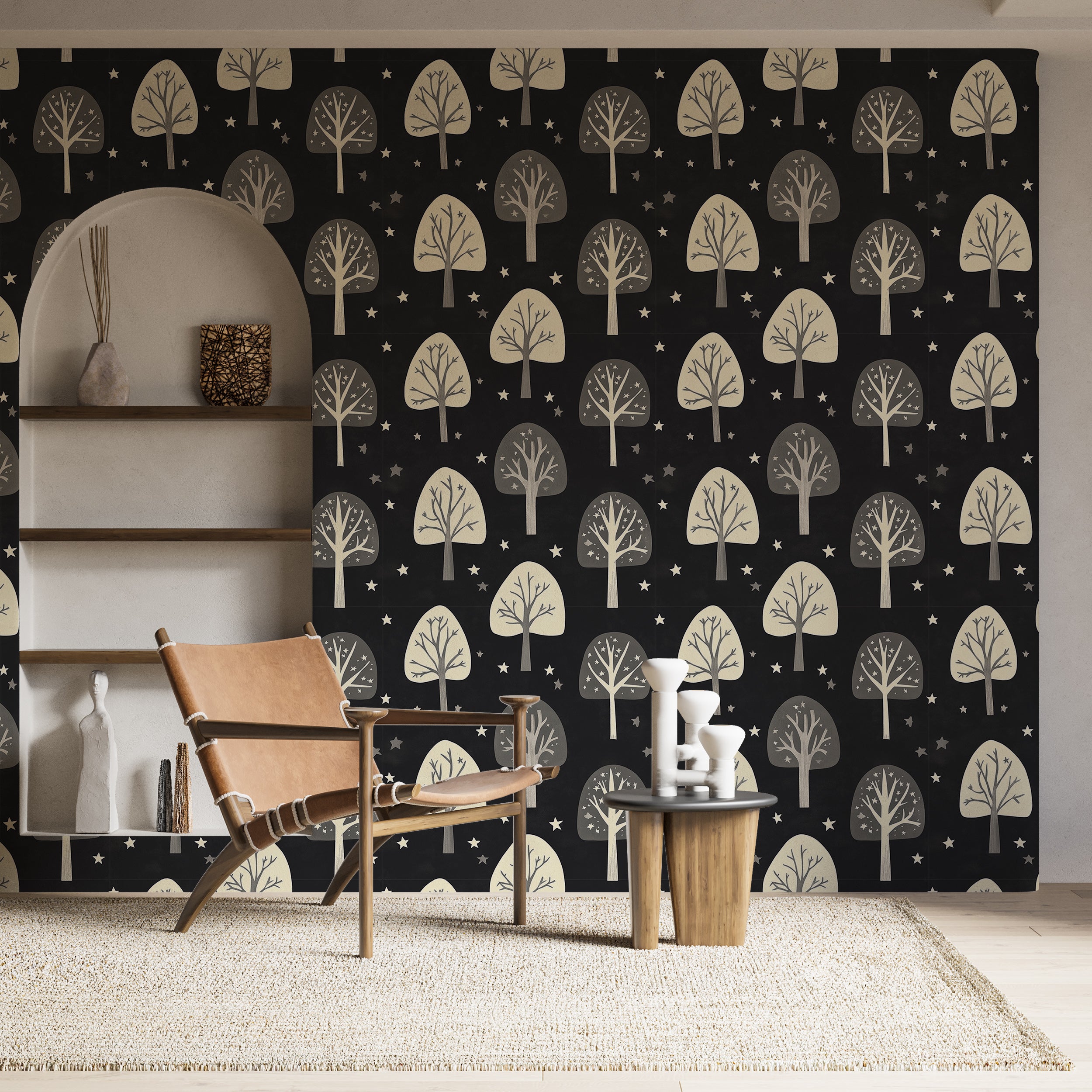 Beige Trees on Dark Background Wallpaper, Trees and Stars Removable Wall Covering, Peel and Stick Black Forest Art