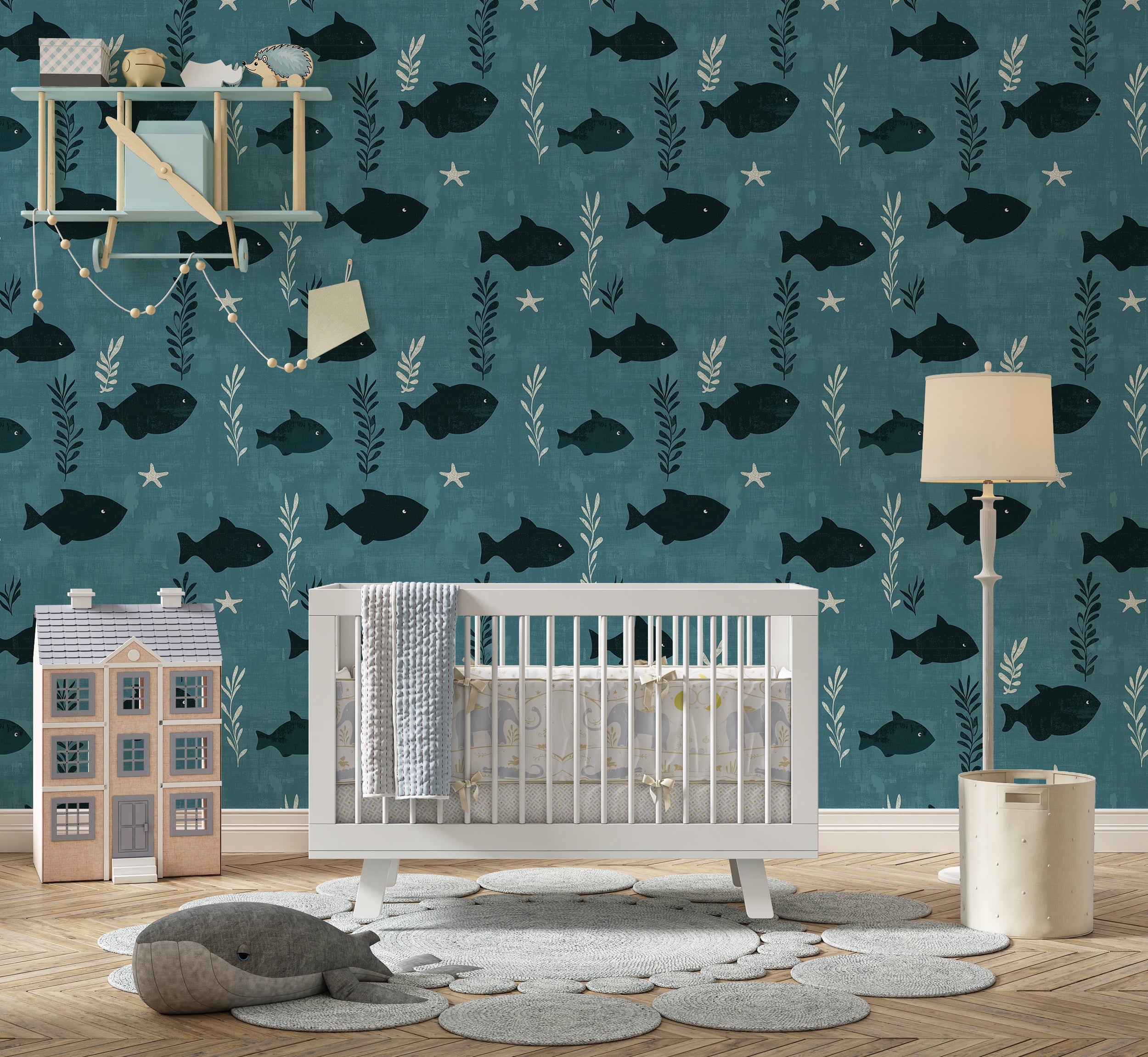 Dark teal fish pattern wallpaper for underwater decor
Peel and stick nursery wallpaper with fish and stars