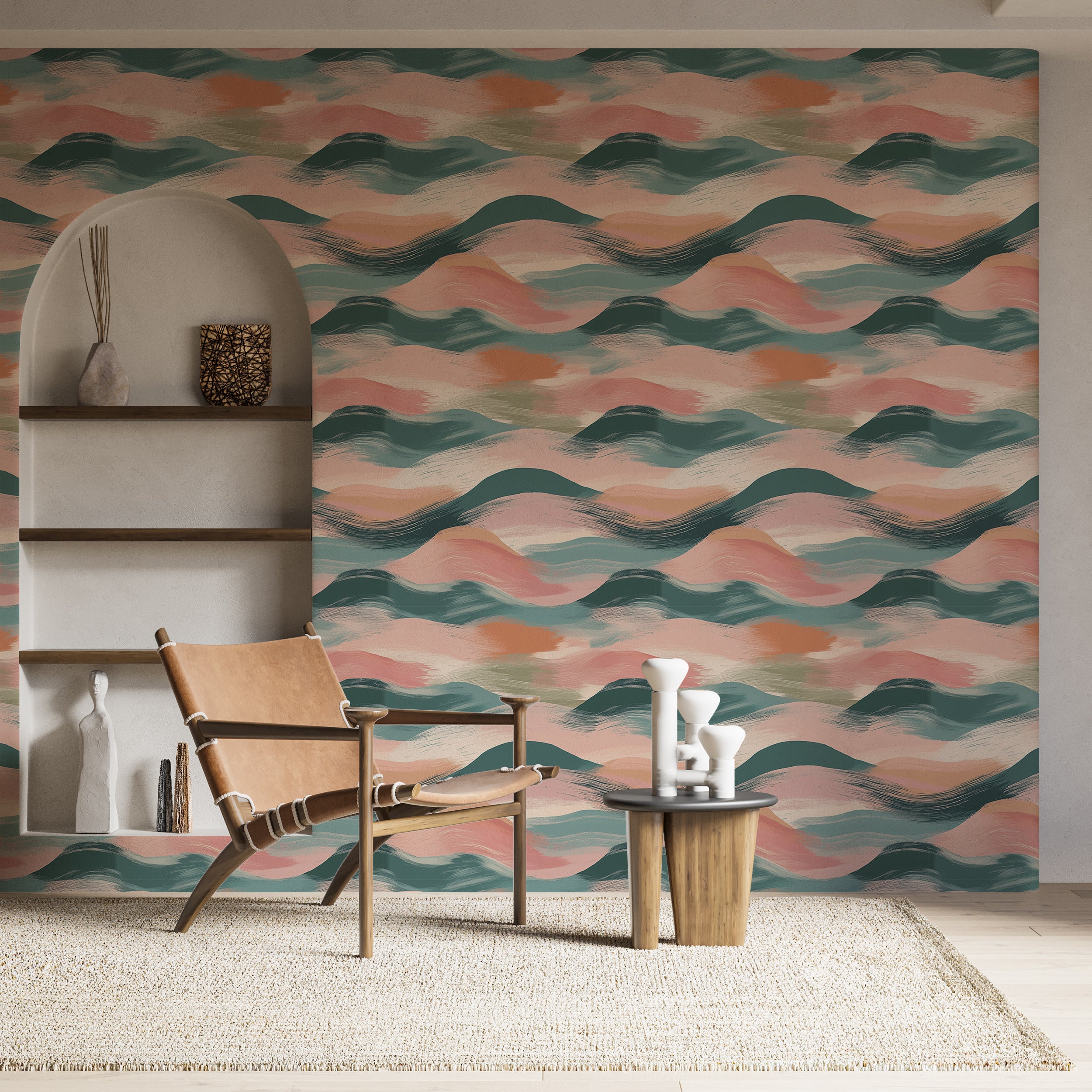 Pink and Green Abstract Waves Wallpaper, Peel and Stick Pastel Colors Brushed Line Art, Removable Wavy Wall Covering