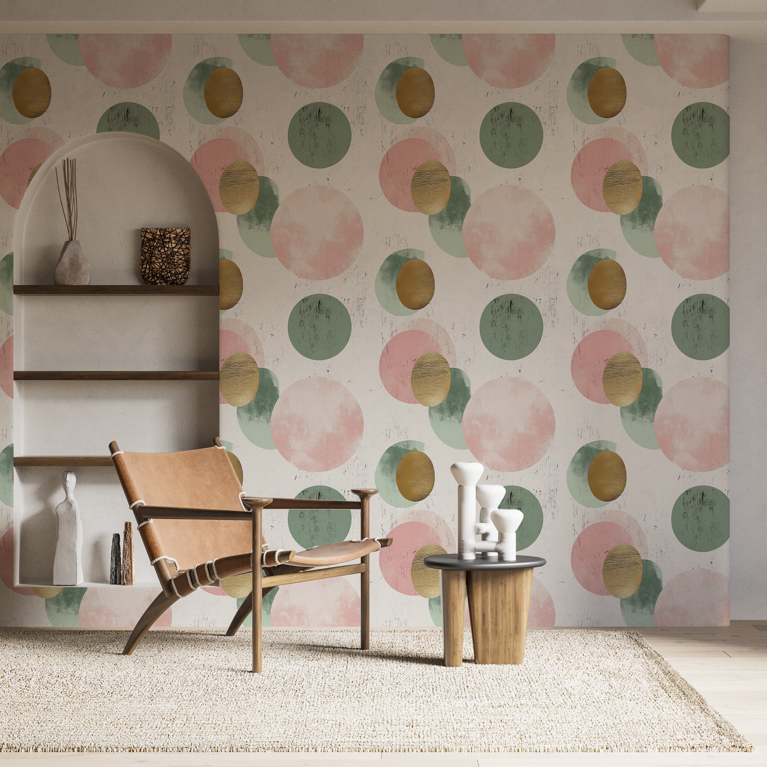 Pink Green and Gold Circles Wallpaper, Mid Century Geometric Wall Decor, Peel and Stick Large Dots Wall Covering