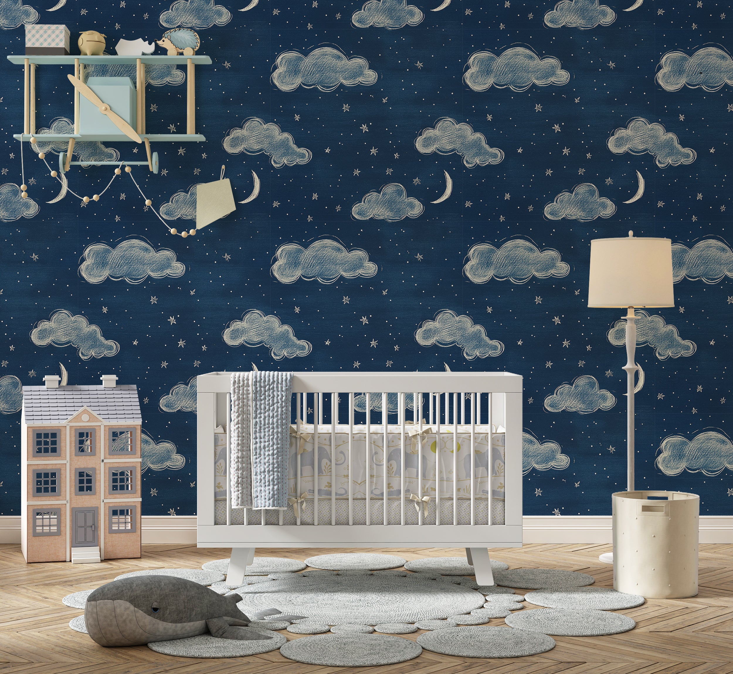 Starry night wallpaper for nursery wall decor
Peel and stick clouds and stars wallpaper for kids' rooms